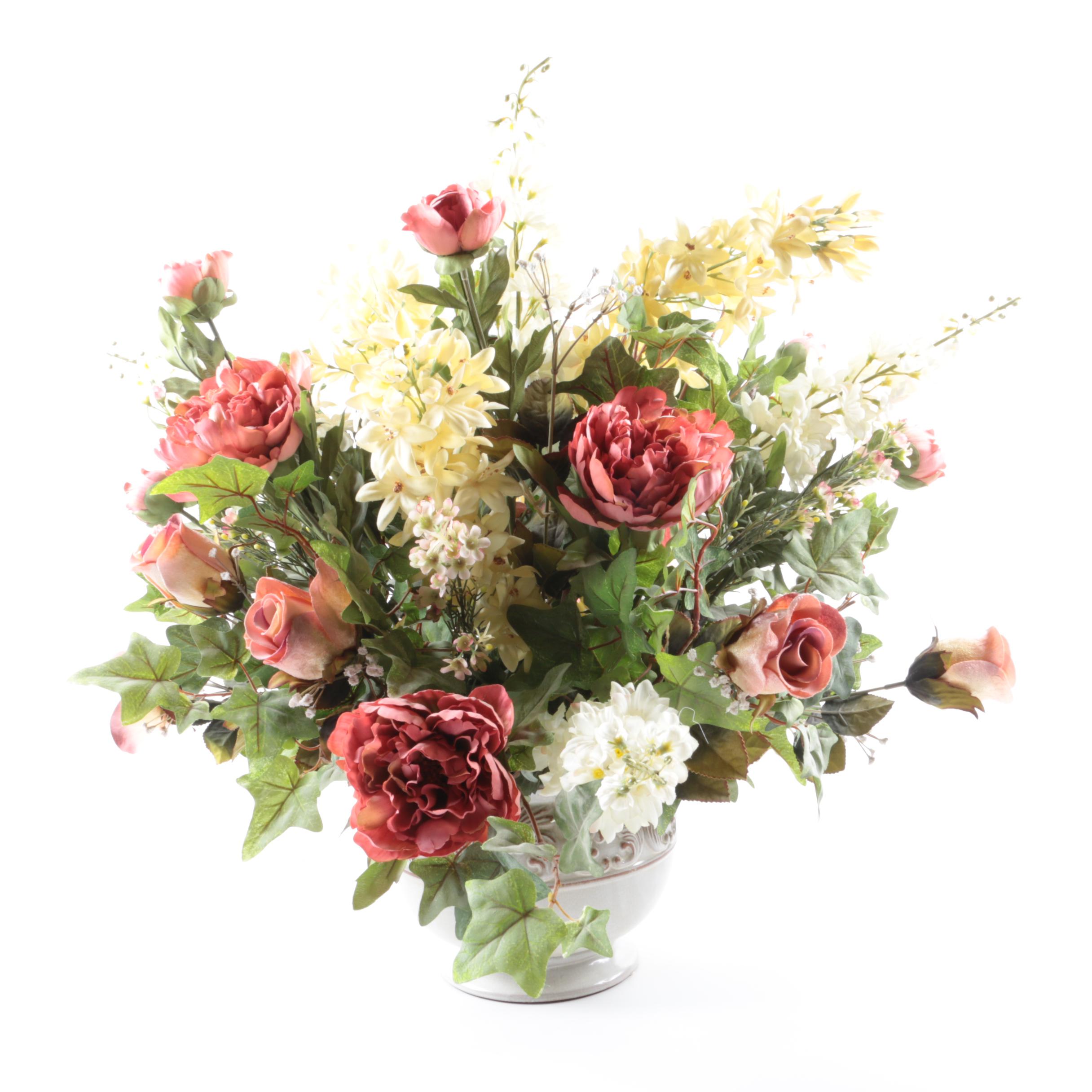 Pair of Faux Floral Arrangements in Ceramic Vases