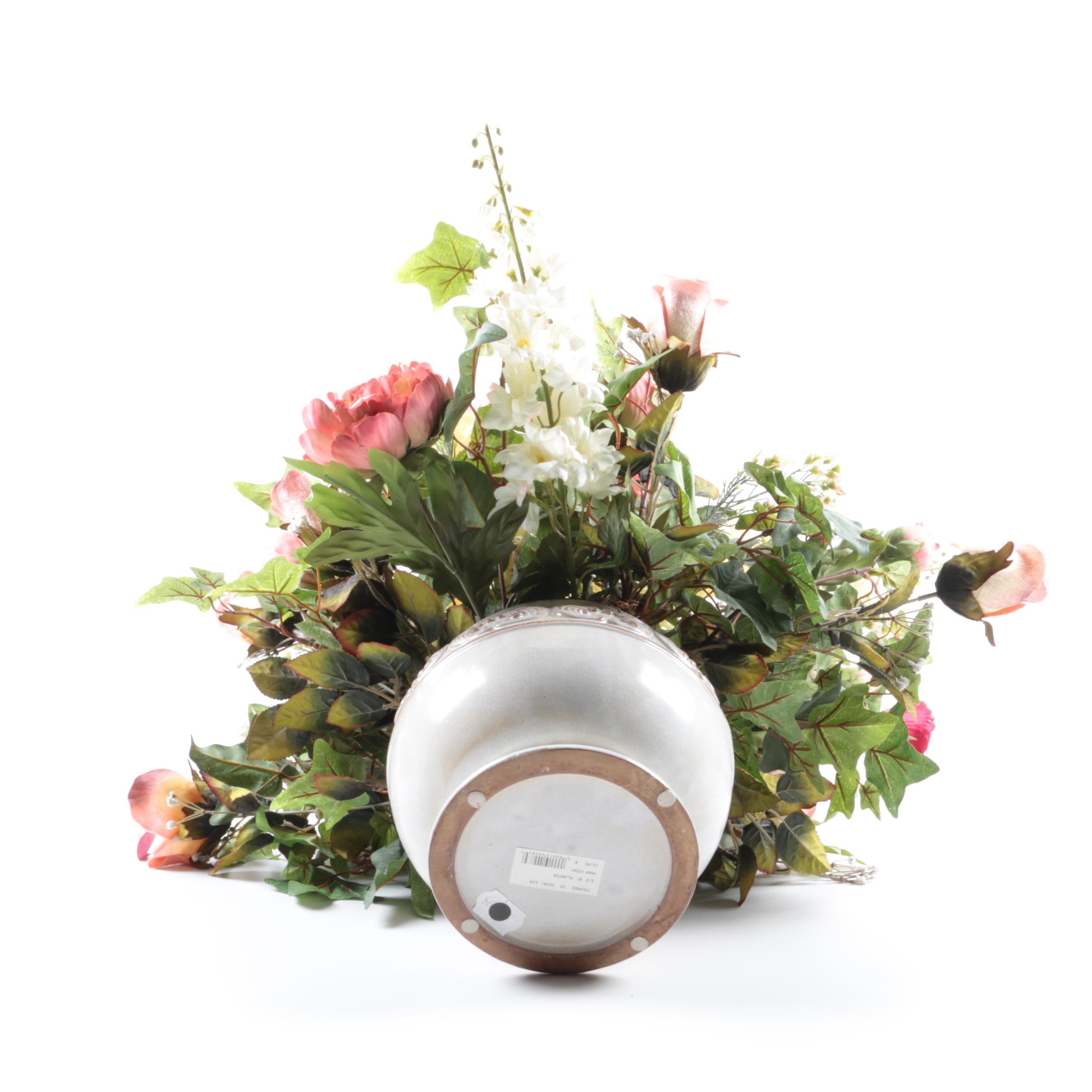 Pair of Faux Floral Arrangements in Ceramic Vases