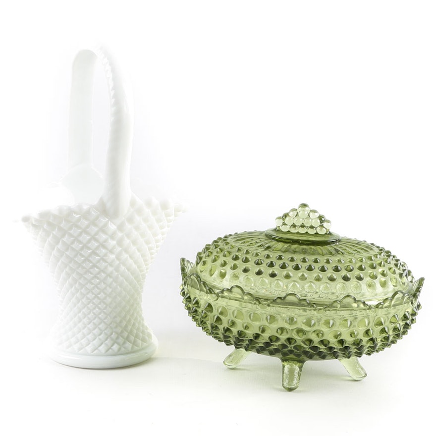 Milk Glass Basket and Hobnail Covered Dish