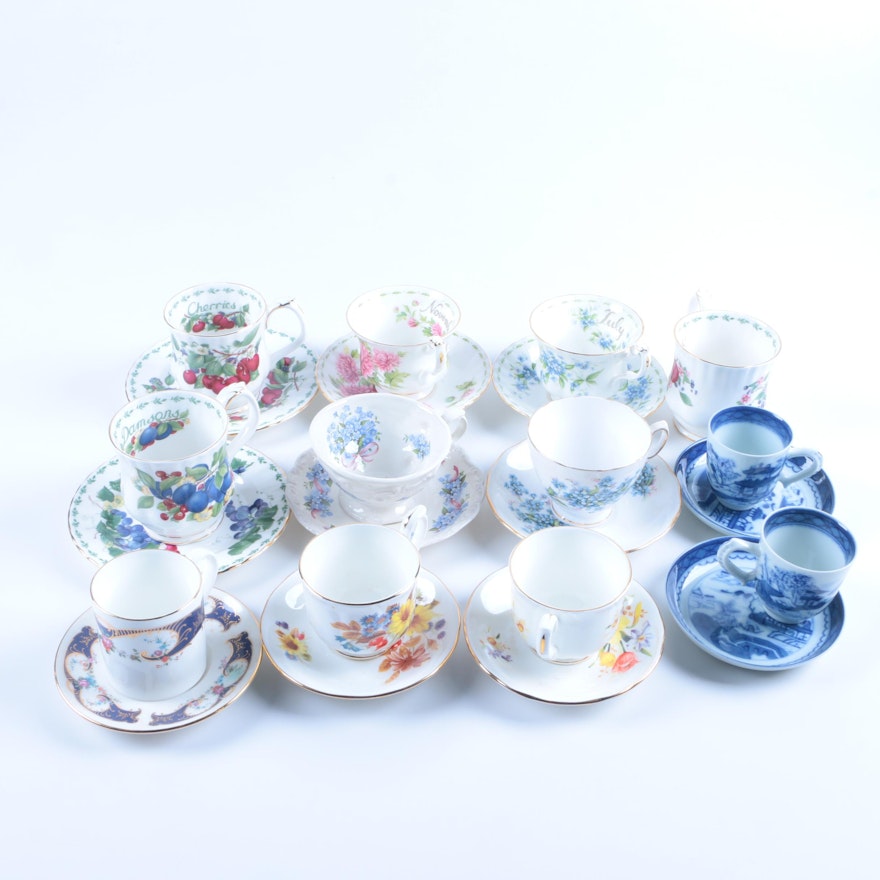 Bone China Teacup and Saucer Collection Including Royal Albert