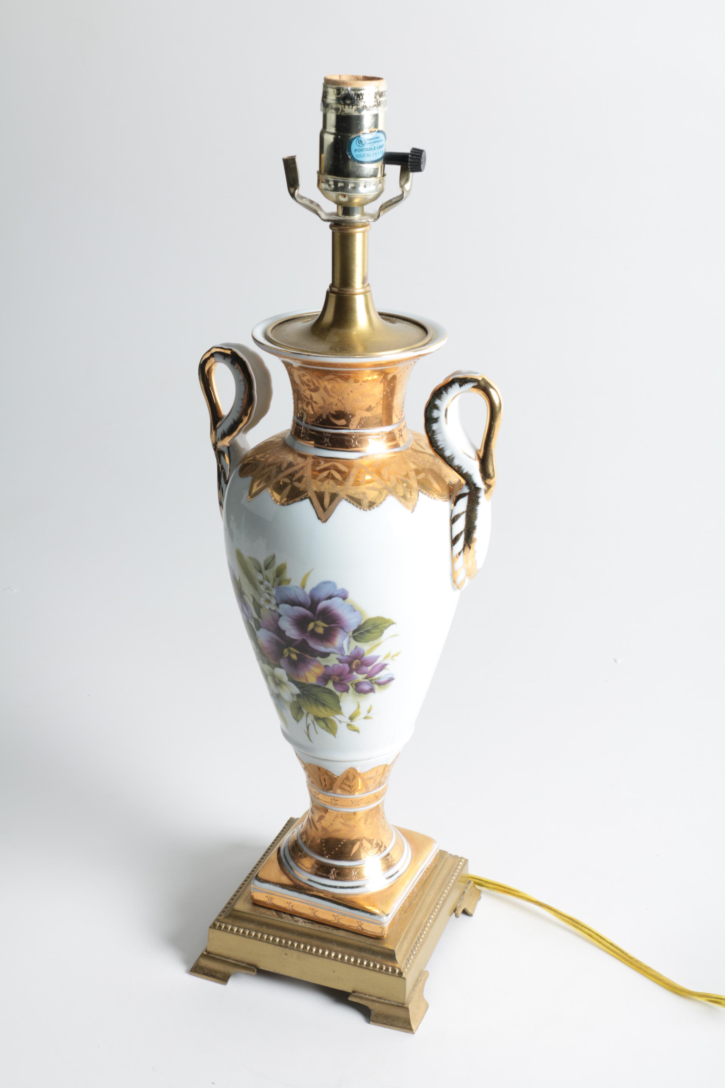 Victorian Style Gilded and Floral Ceramic Table Lamp