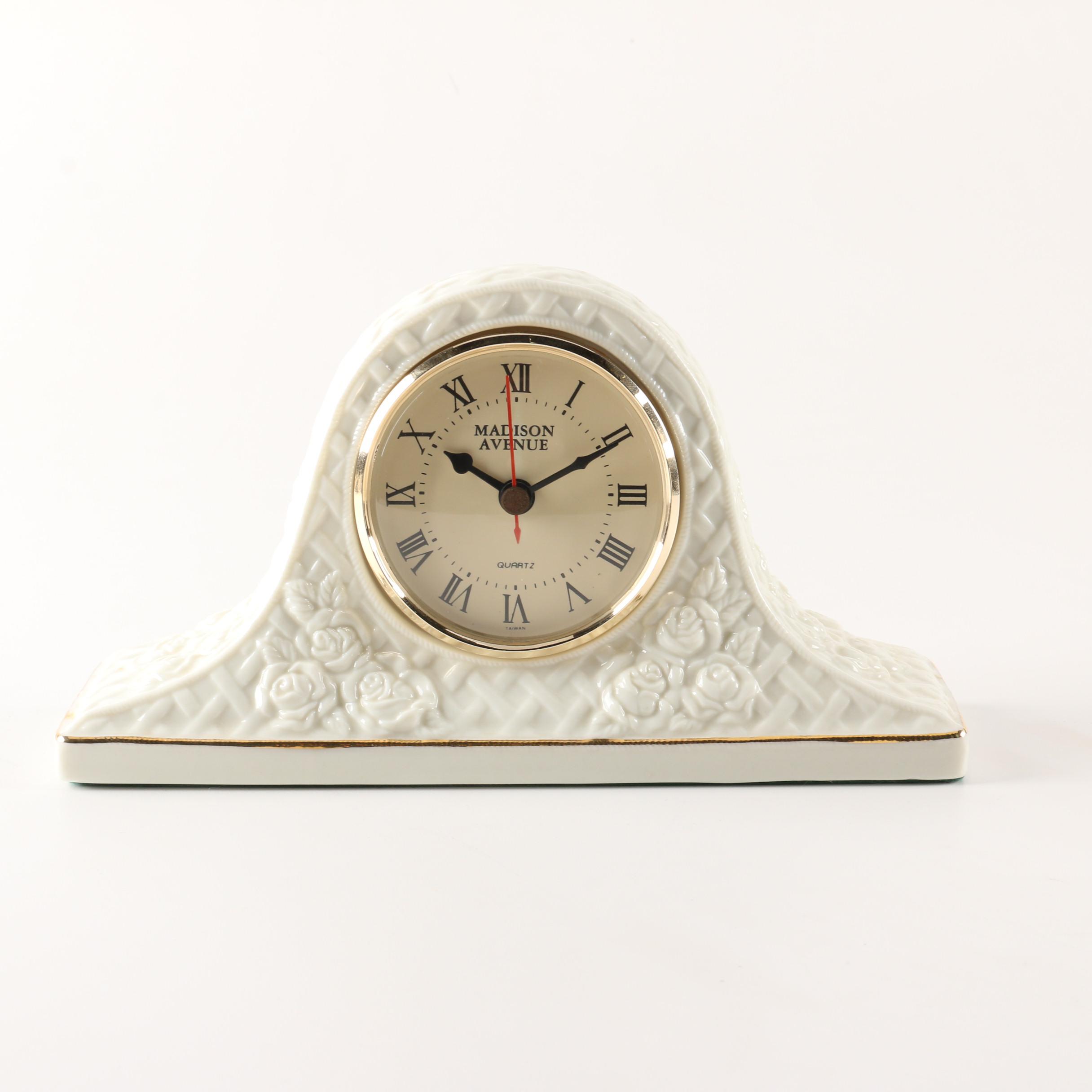 Madison Avenue White Porcelain Tambour Mantel Clock