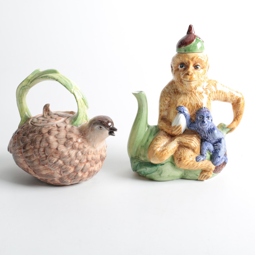Italian Monkey and Bernard Carant Bird Figural Teapots