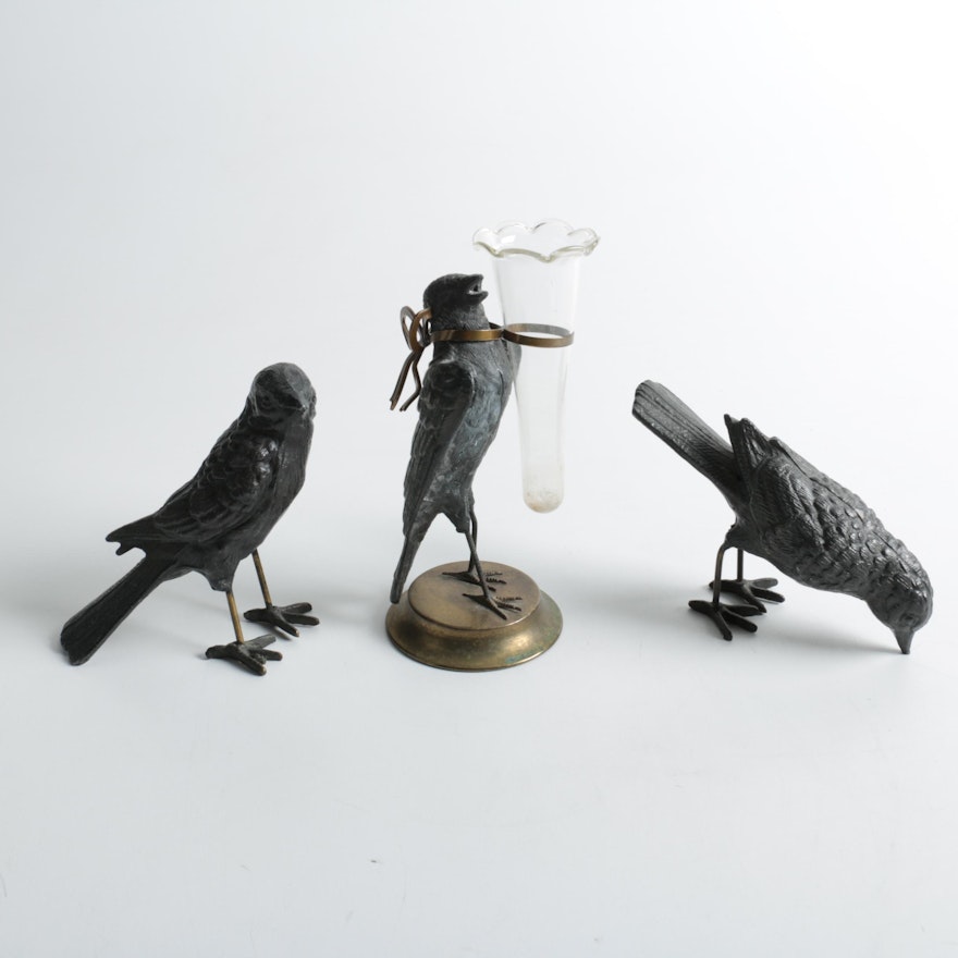 Metal Bird Figurines Including a Bud Vase