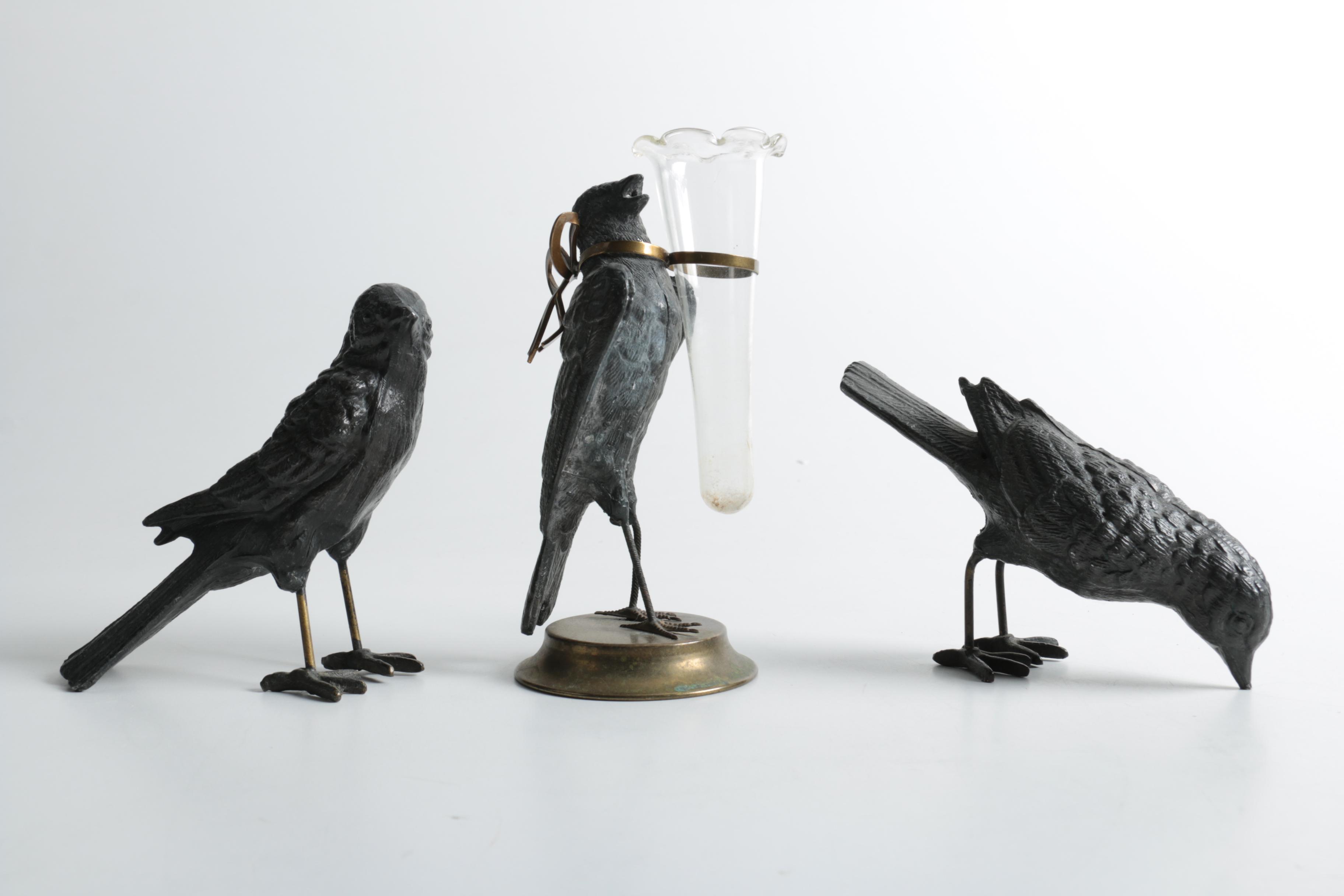 Metal Bird Figurines Including a Bud Vase