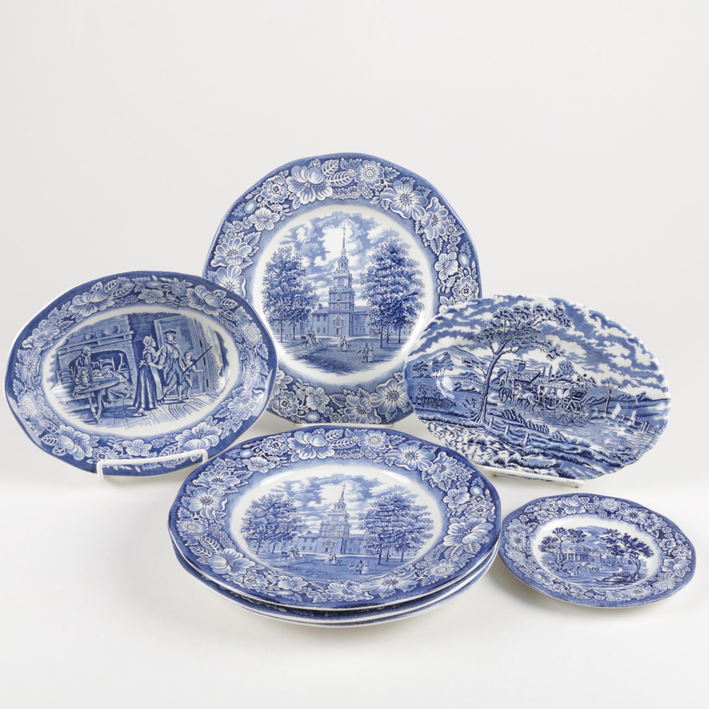 Vintage Blue and White Tranfer Printed Serveware Including Homer Laughlin