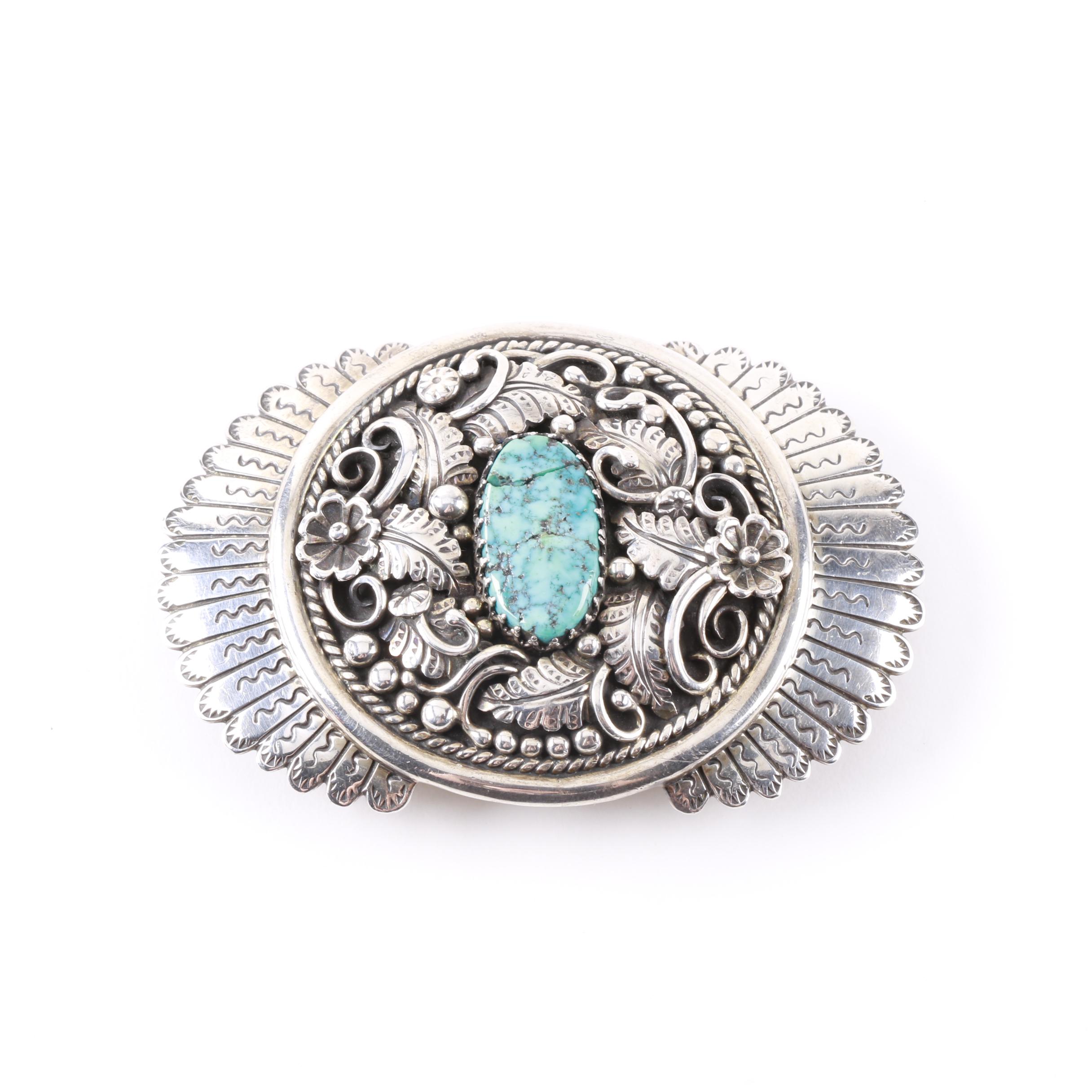 Native American Inspired Sterling Silver Turquoise Belt Buckle