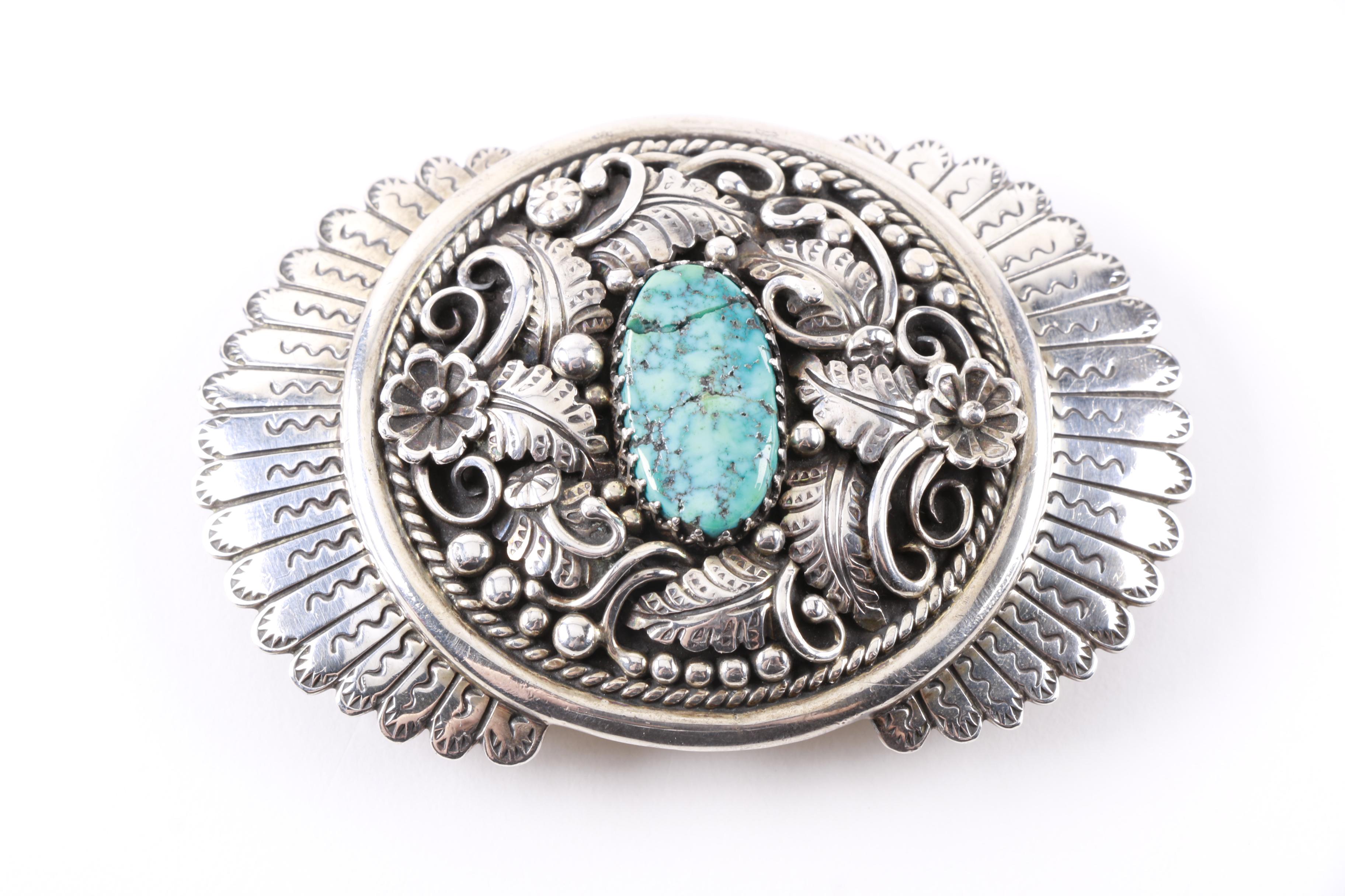 Native American Inspired Sterling Silver Turquoise Belt Buckle