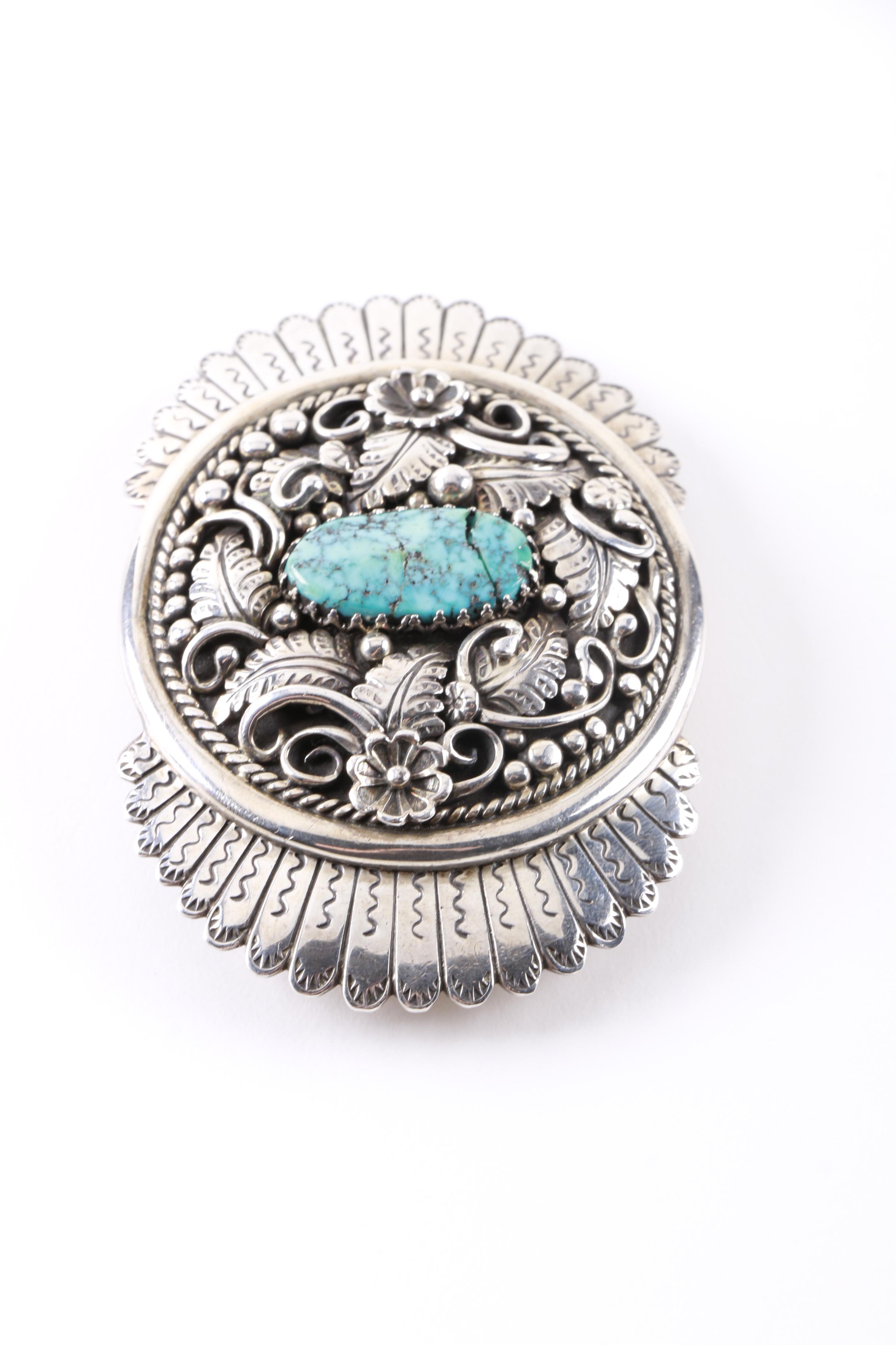 Native American Inspired Sterling Silver Turquoise Belt Buckle