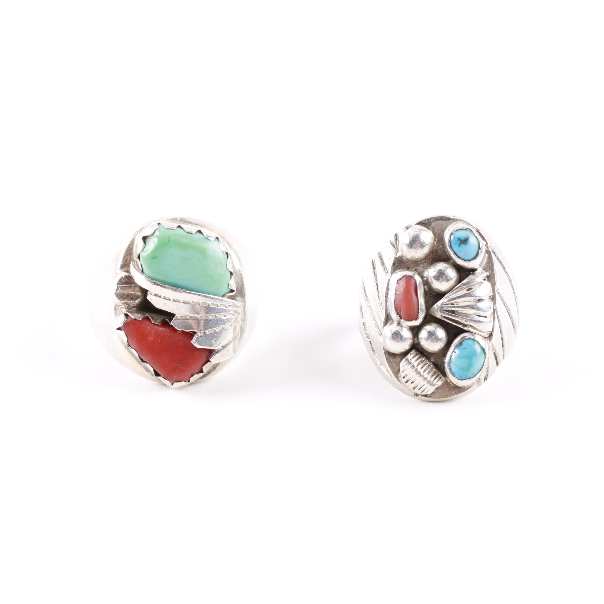 Southwest Inspired Sterling Silver Coral Turquoise Rings