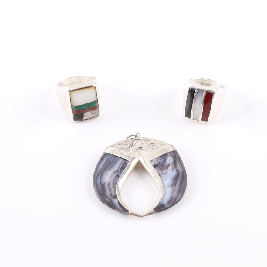 Selection of Sterling Silver Rings Including Pendant