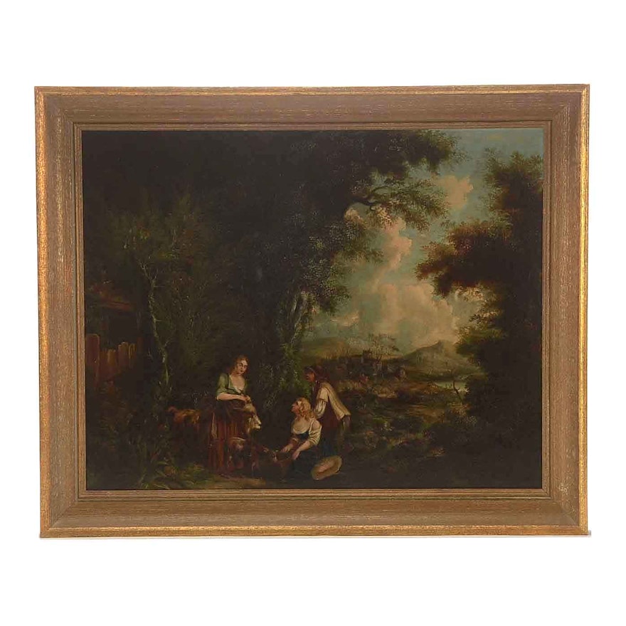 Antique Oil on Canvas Painting of Romantic Landscape