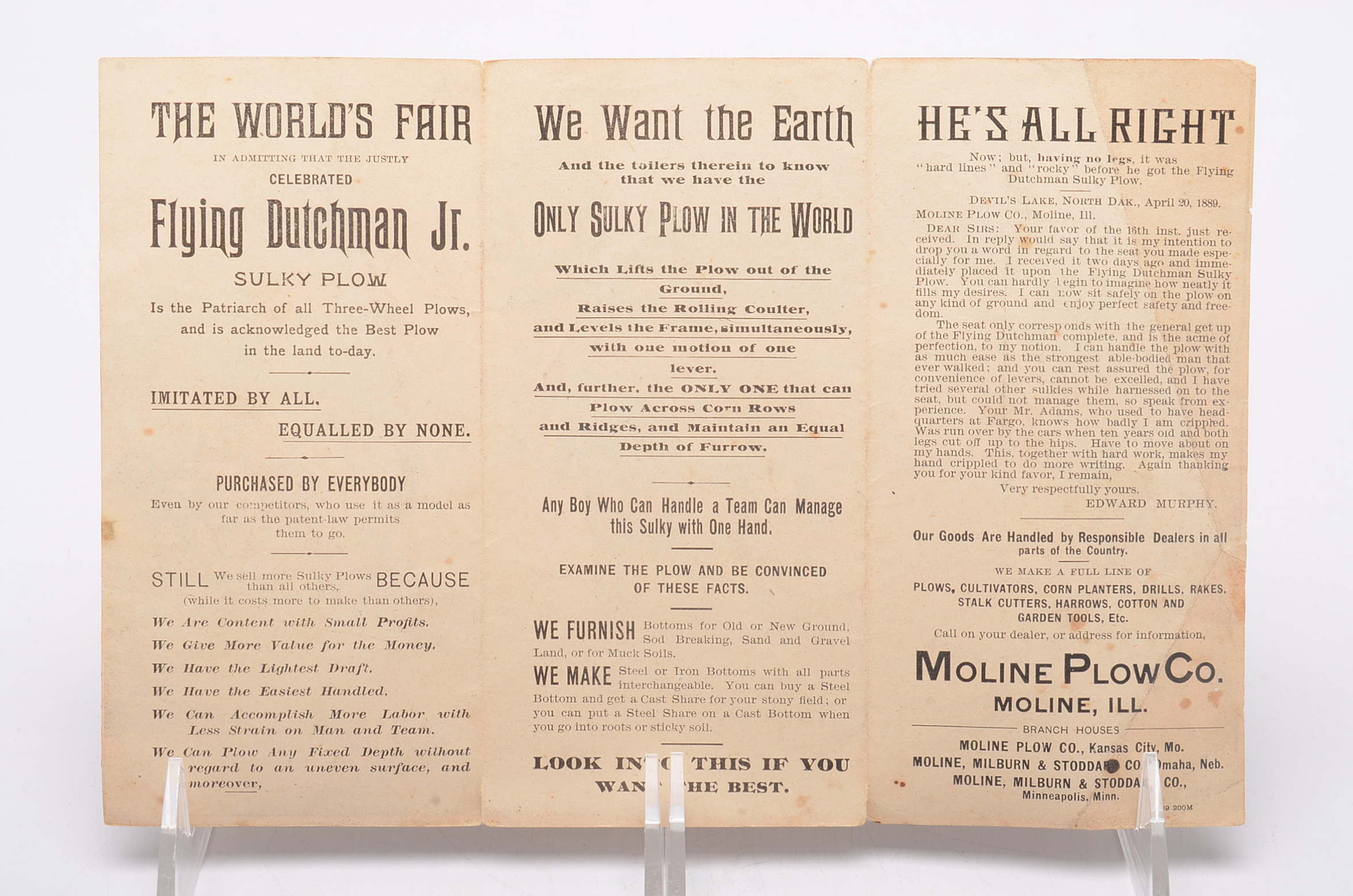 Antique Tri-fold advertising for the Molina Plow Company