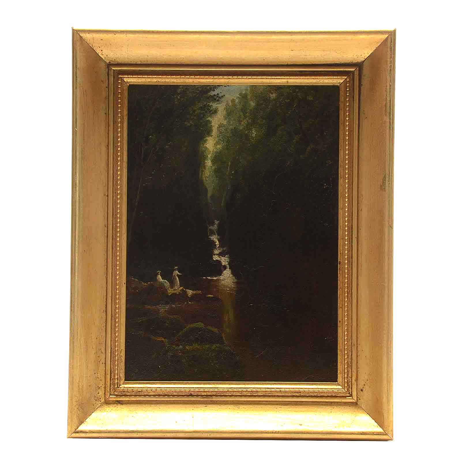 Oil Painting of Two Figures beside a Waterfall