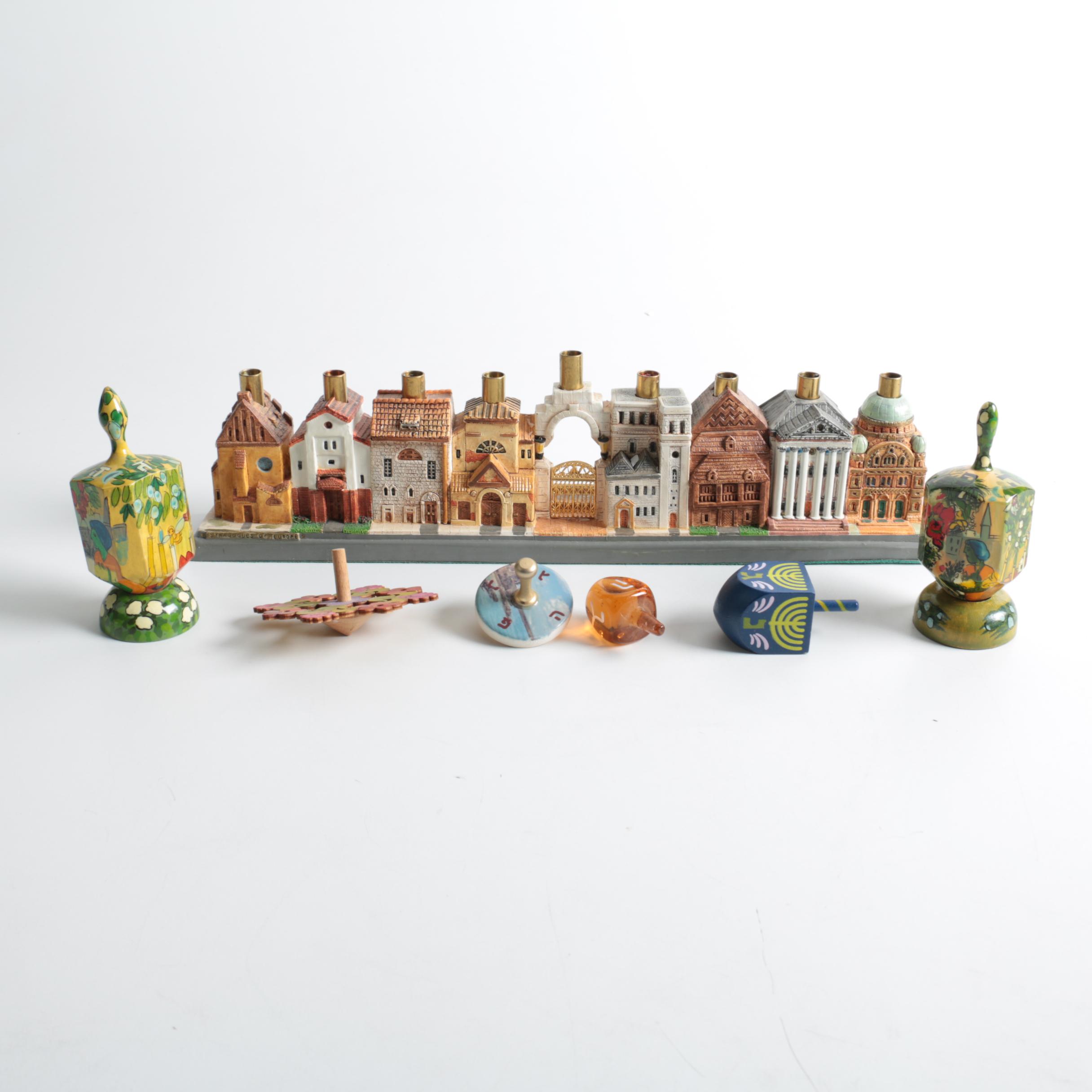 "Synagogues of Europe" Menorah and Assorted Dreidels