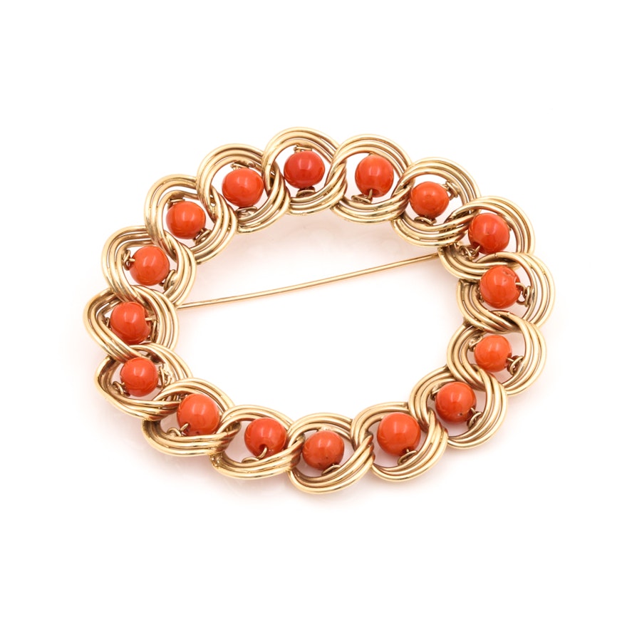 14K Yellow Gold Coral Brooch