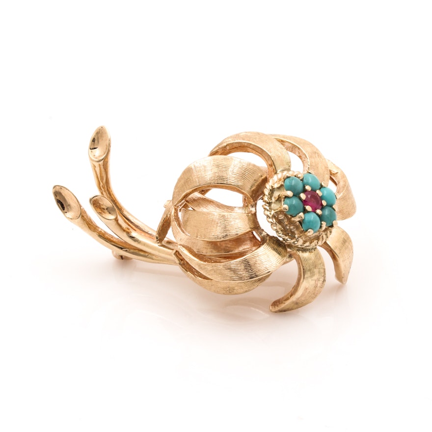 14K Rose Gold Turquoise and Ruby Brooch