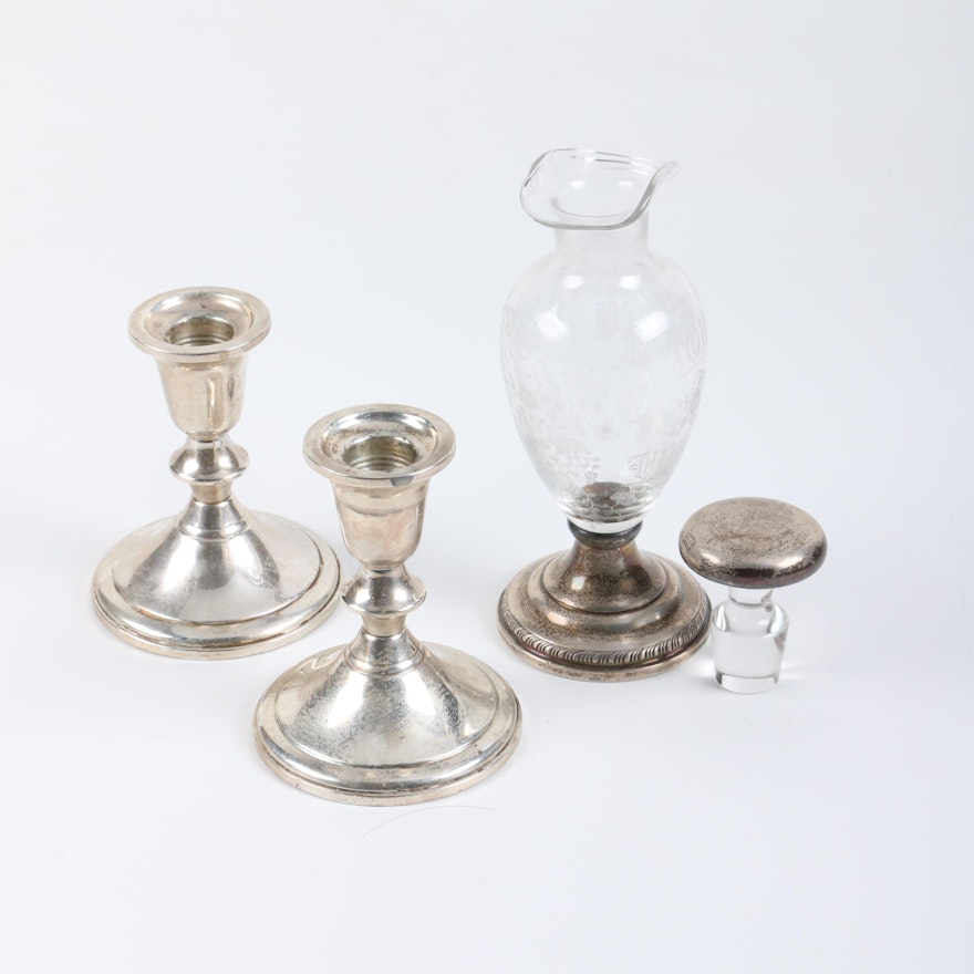 Towle Weighted Sterling Candleholders and Sheffield Silver Co Vase