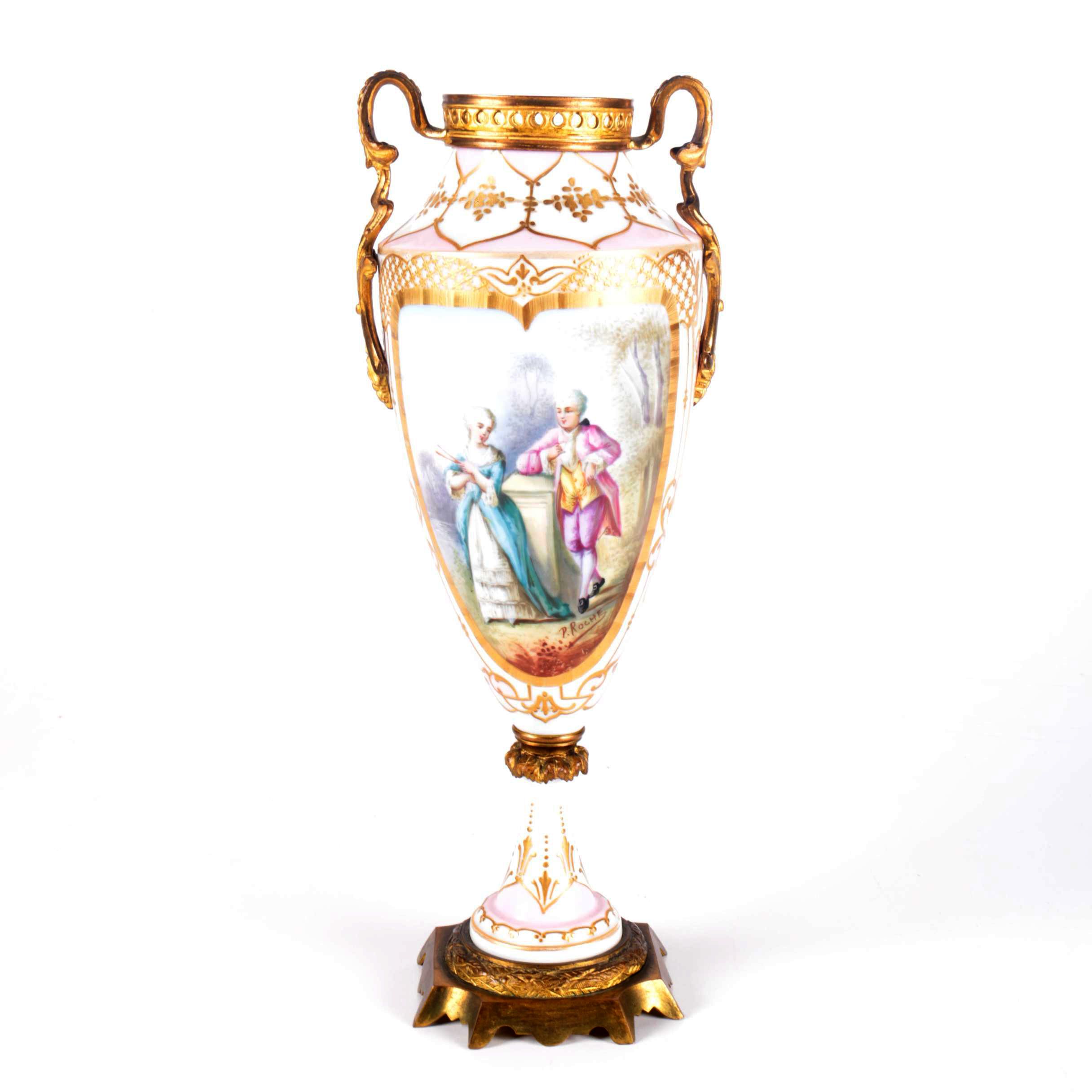 Antique Signed P. Roche French Sevres Style Hand-Painted Porcelain Vase