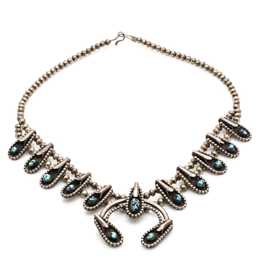 Sterling Silver Turquoise Squash Blossom Necklace