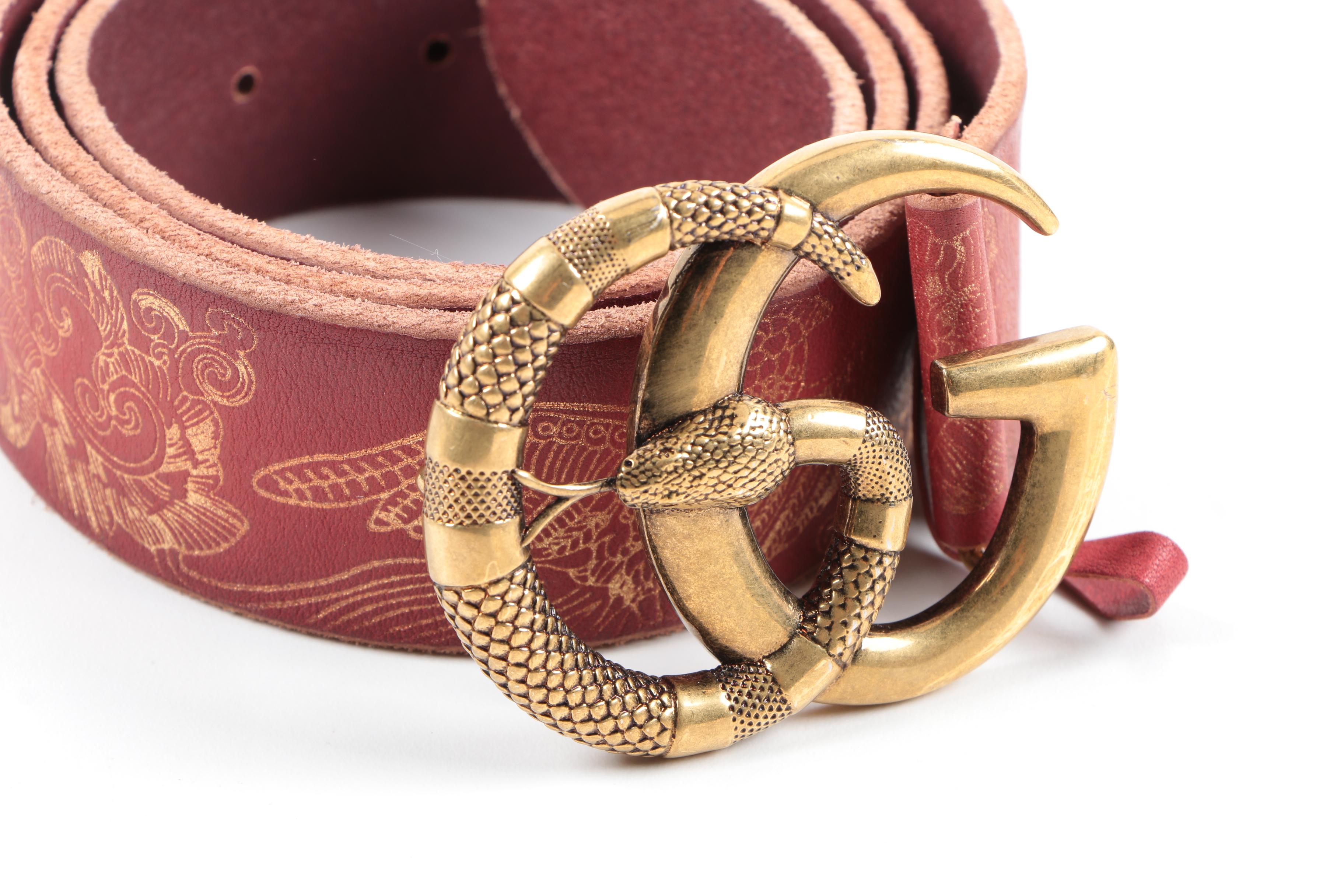 Gucci Red Leather Belt with Snake Buckle