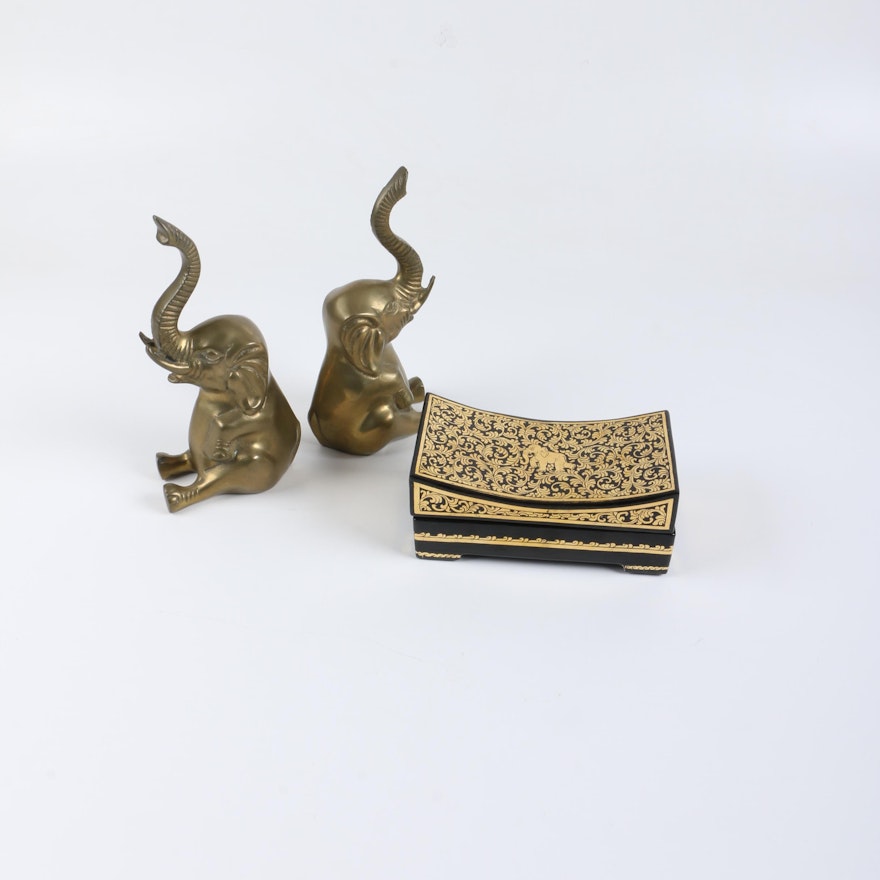 Elephant Themed Decor including Brass Figurines