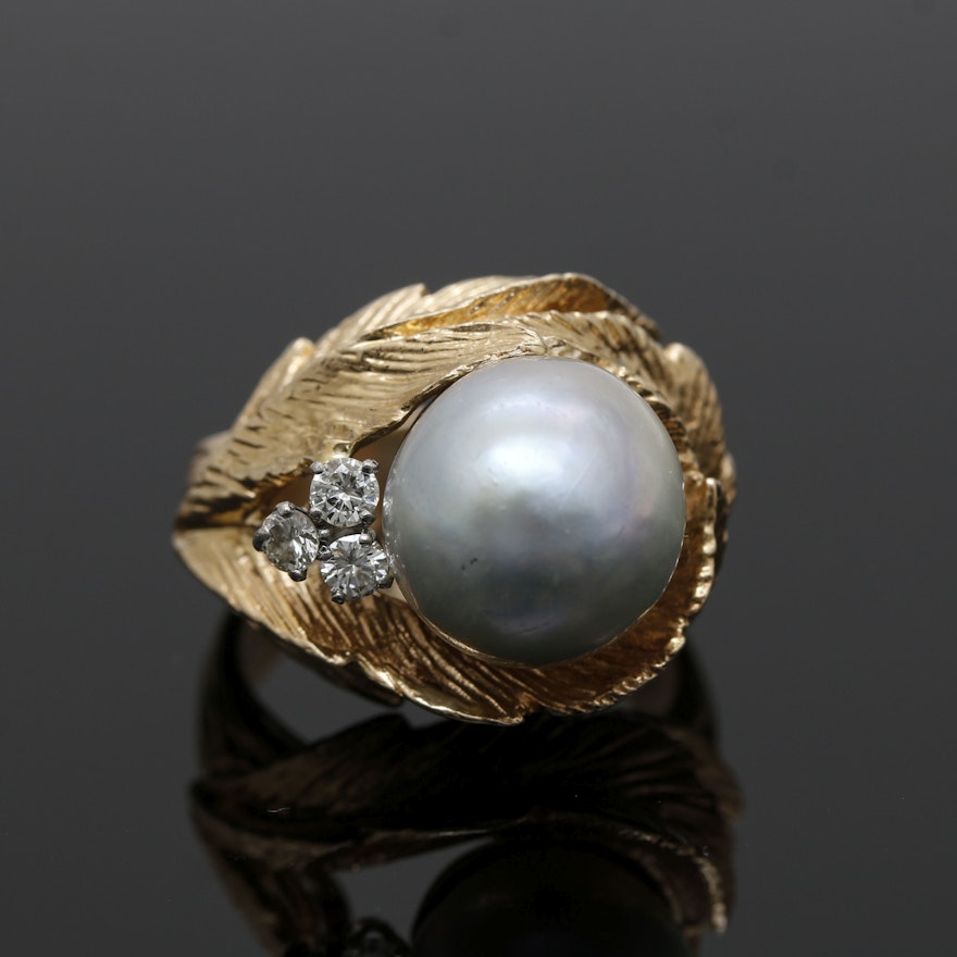 14K Yellow Gold Cultured Pearl and Diamond Foliate Ring