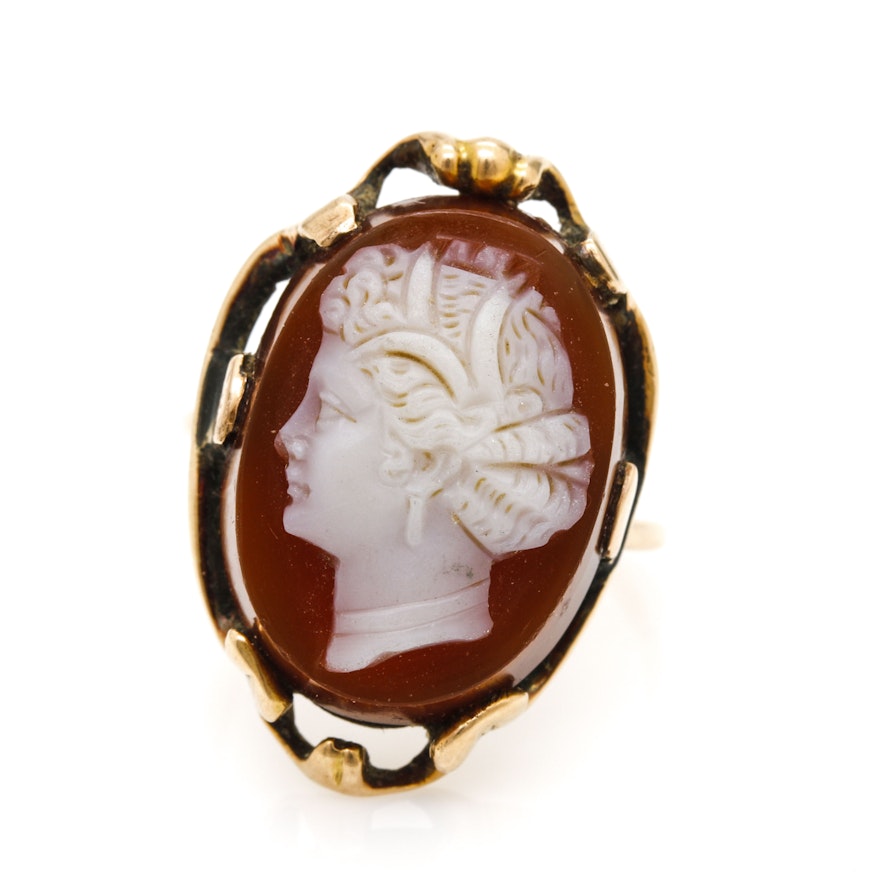 14K Yellow Gold Agate Cameo Ring