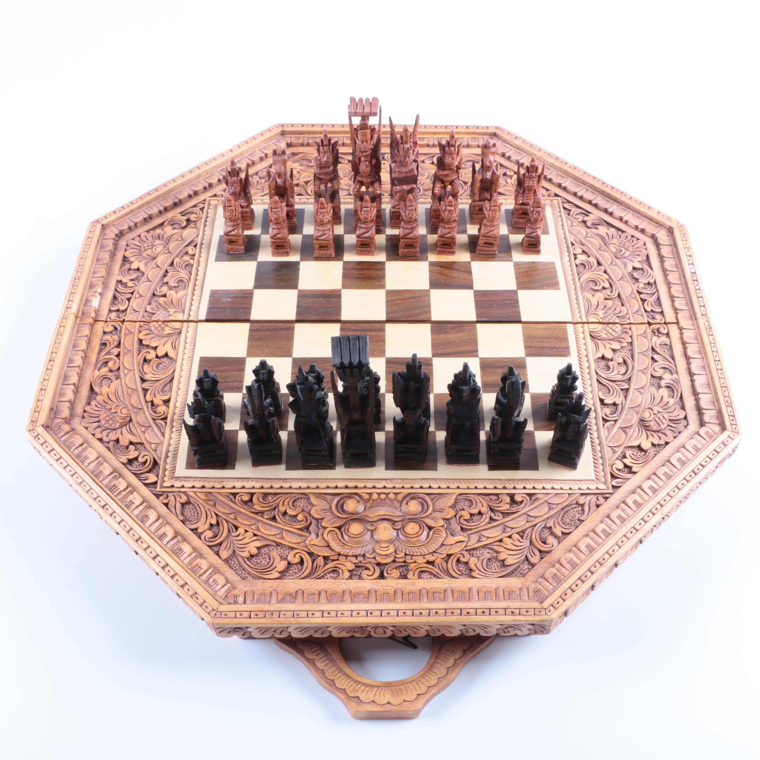 Ornately Carved Wooden Chess and Backgammon Set