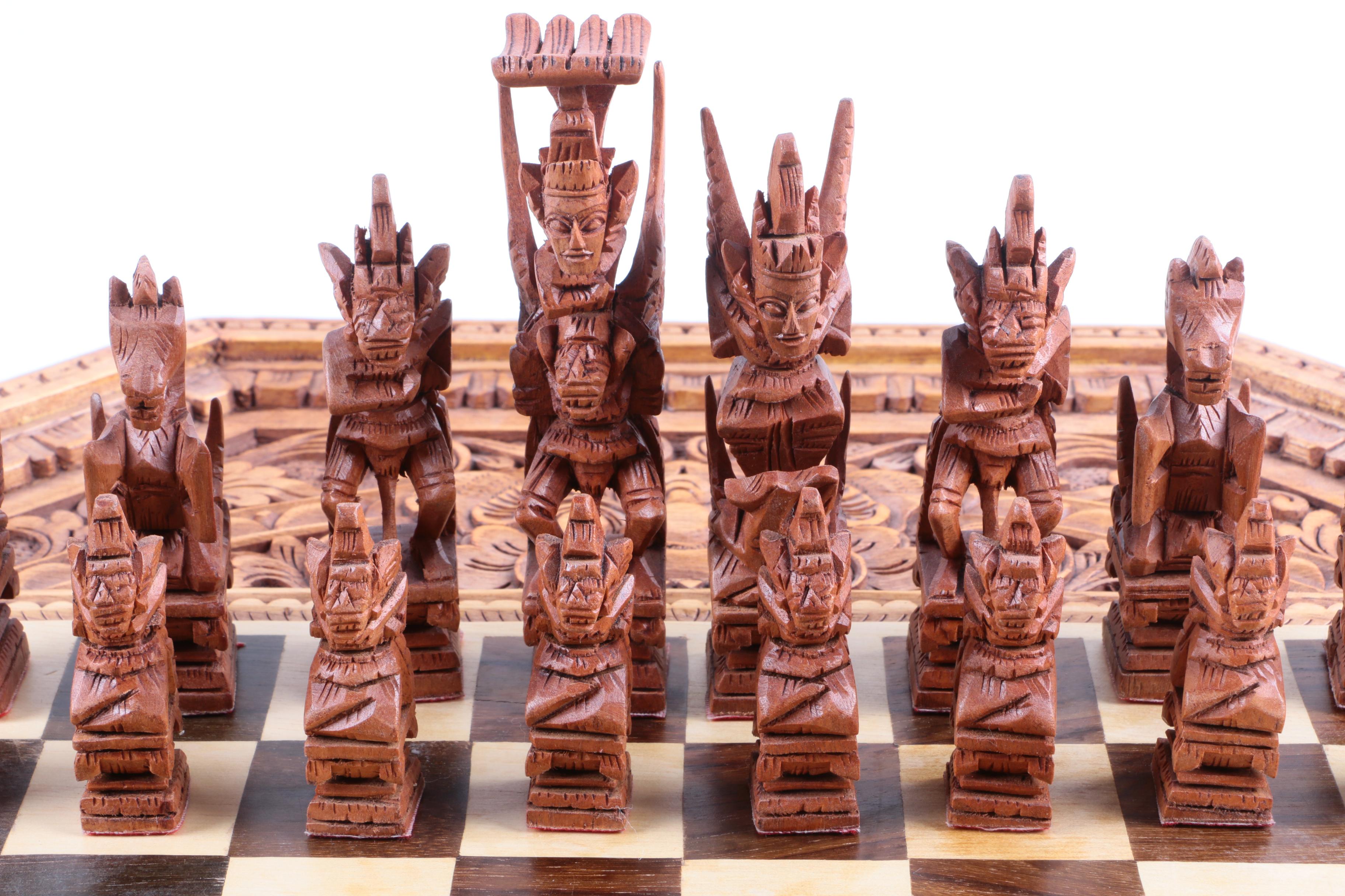 Ornately Carved Wooden Chess and Backgammon Set