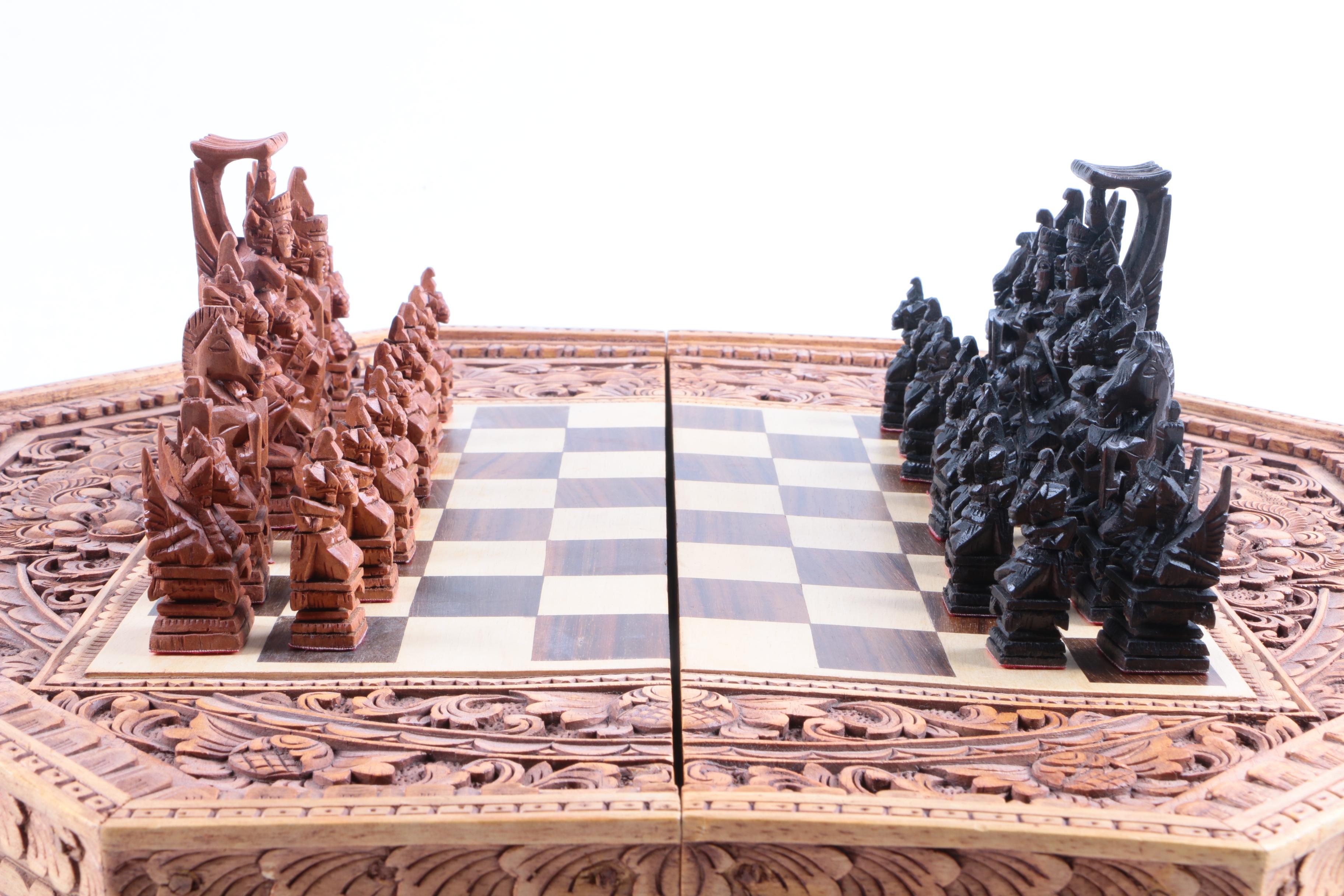 Ornately Carved Wooden Chess and Backgammon Set