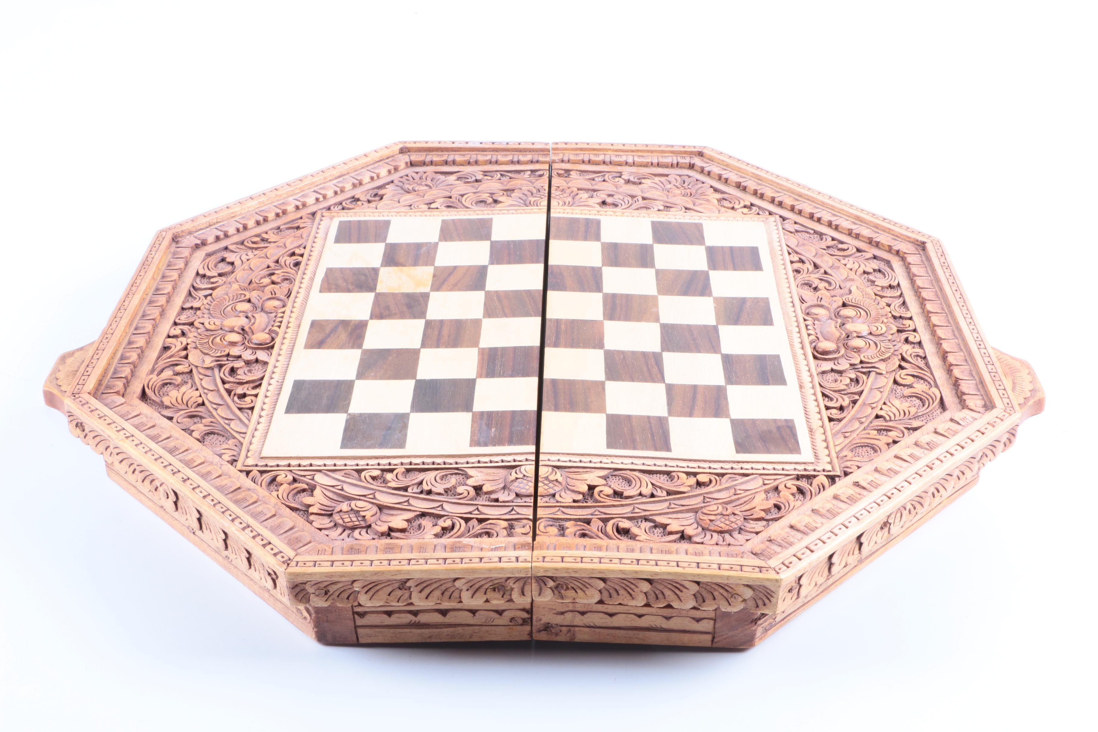 Ornately Carved Wooden Chess and Backgammon Set