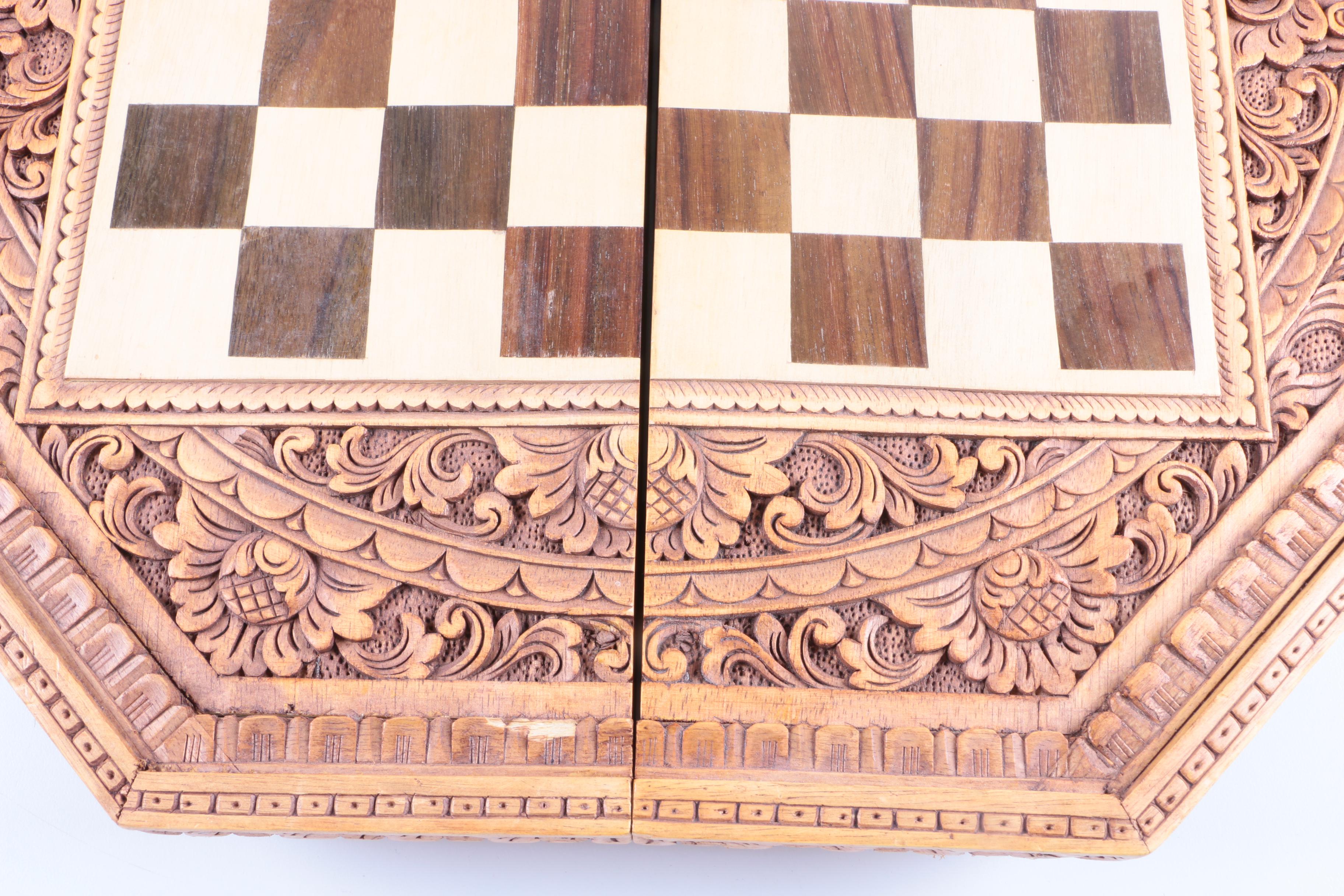Ornately Carved Wooden Chess and Backgammon Set