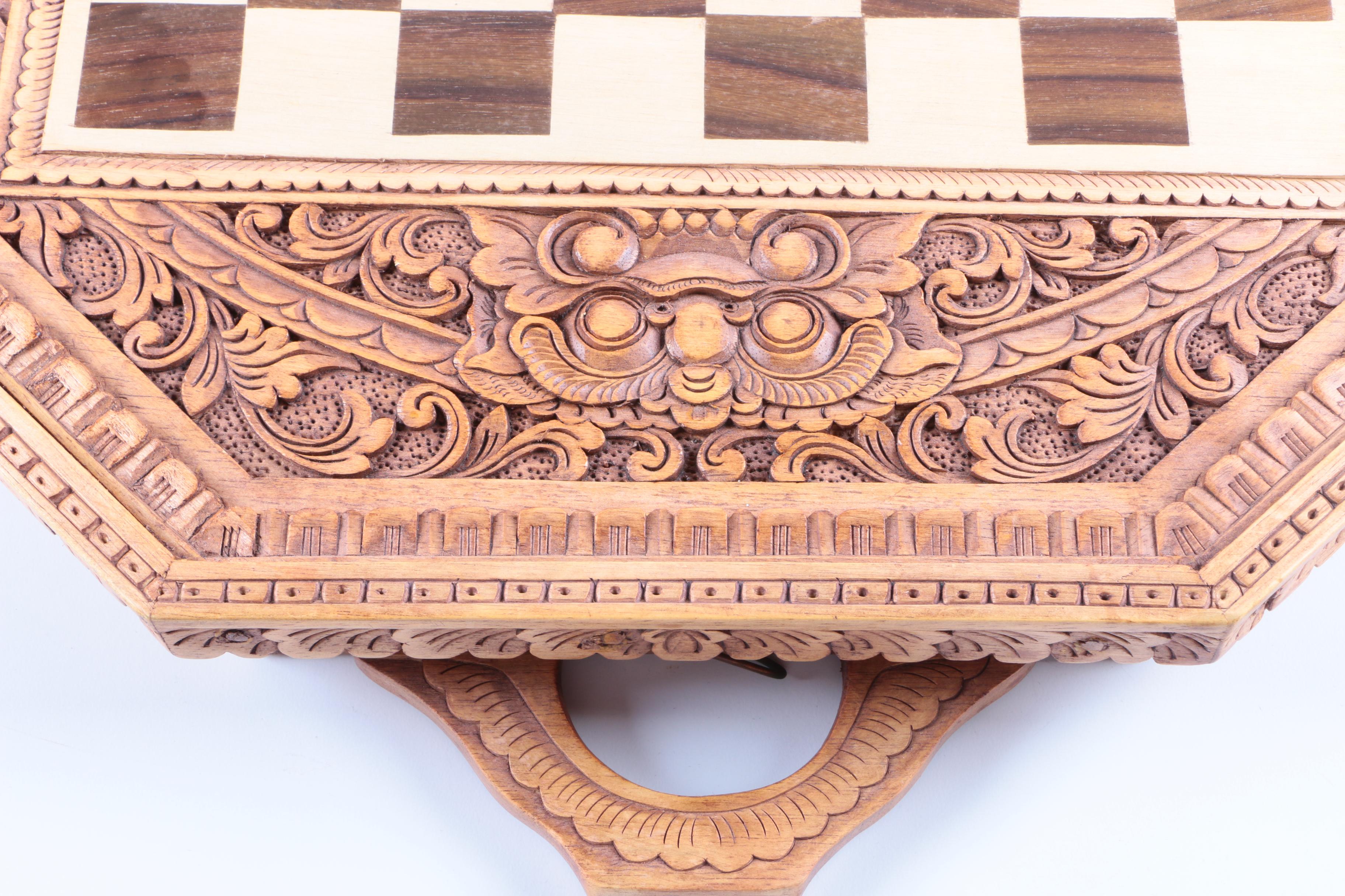 Ornately Carved Wooden Chess and Backgammon Set