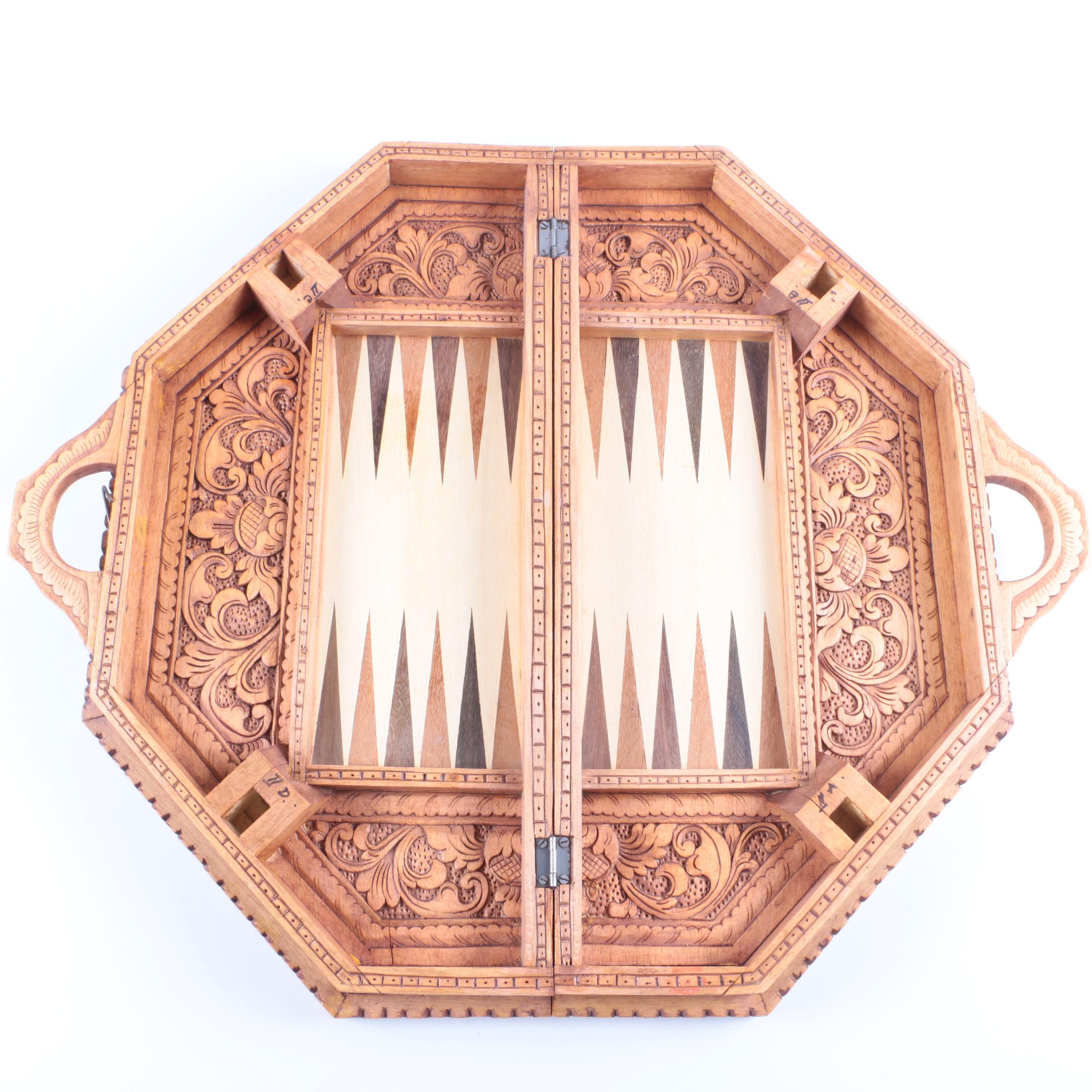 Ornately Carved Wooden Chess and Backgammon Set