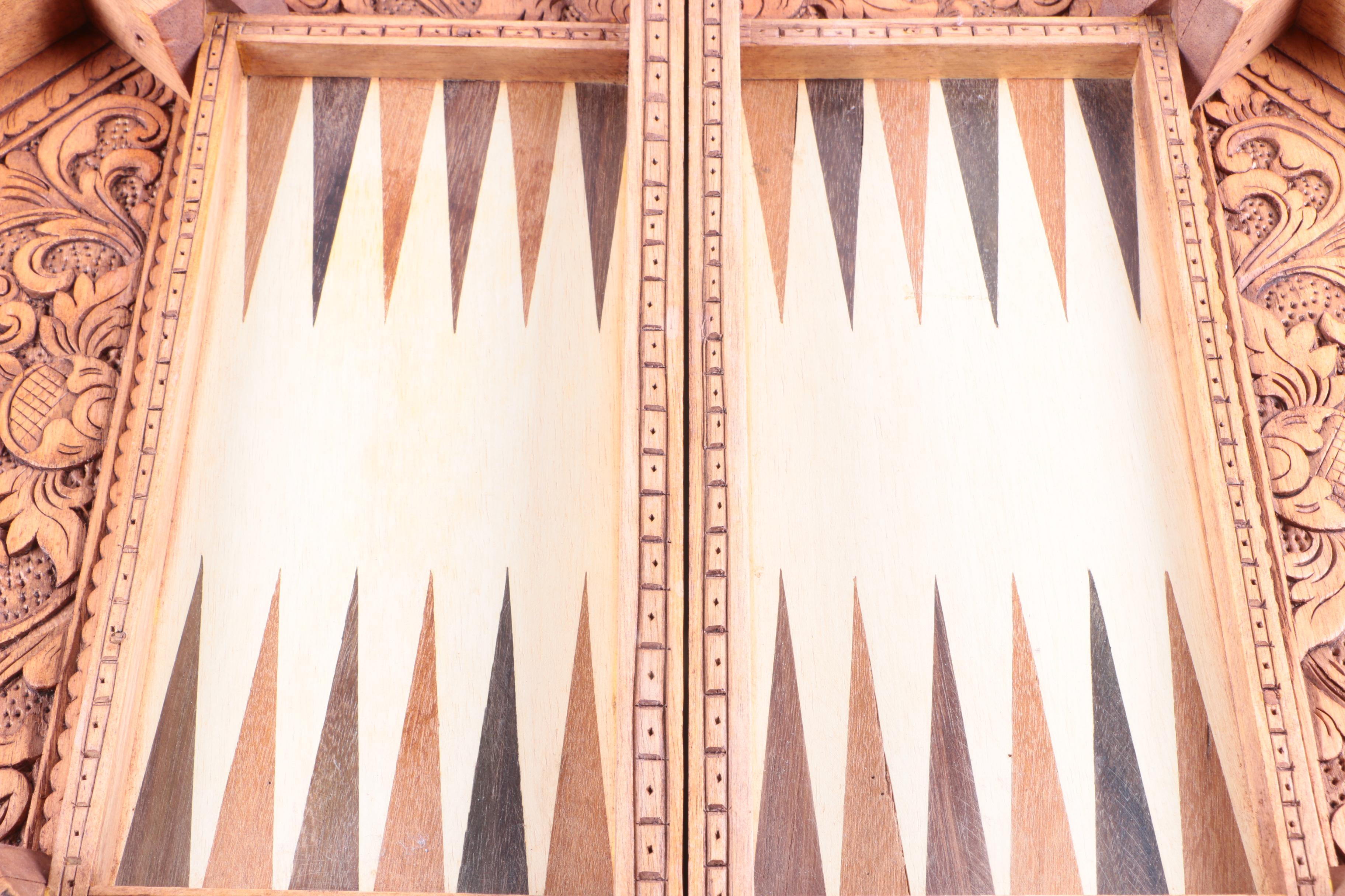 Ornately Carved Wooden Chess and Backgammon Set