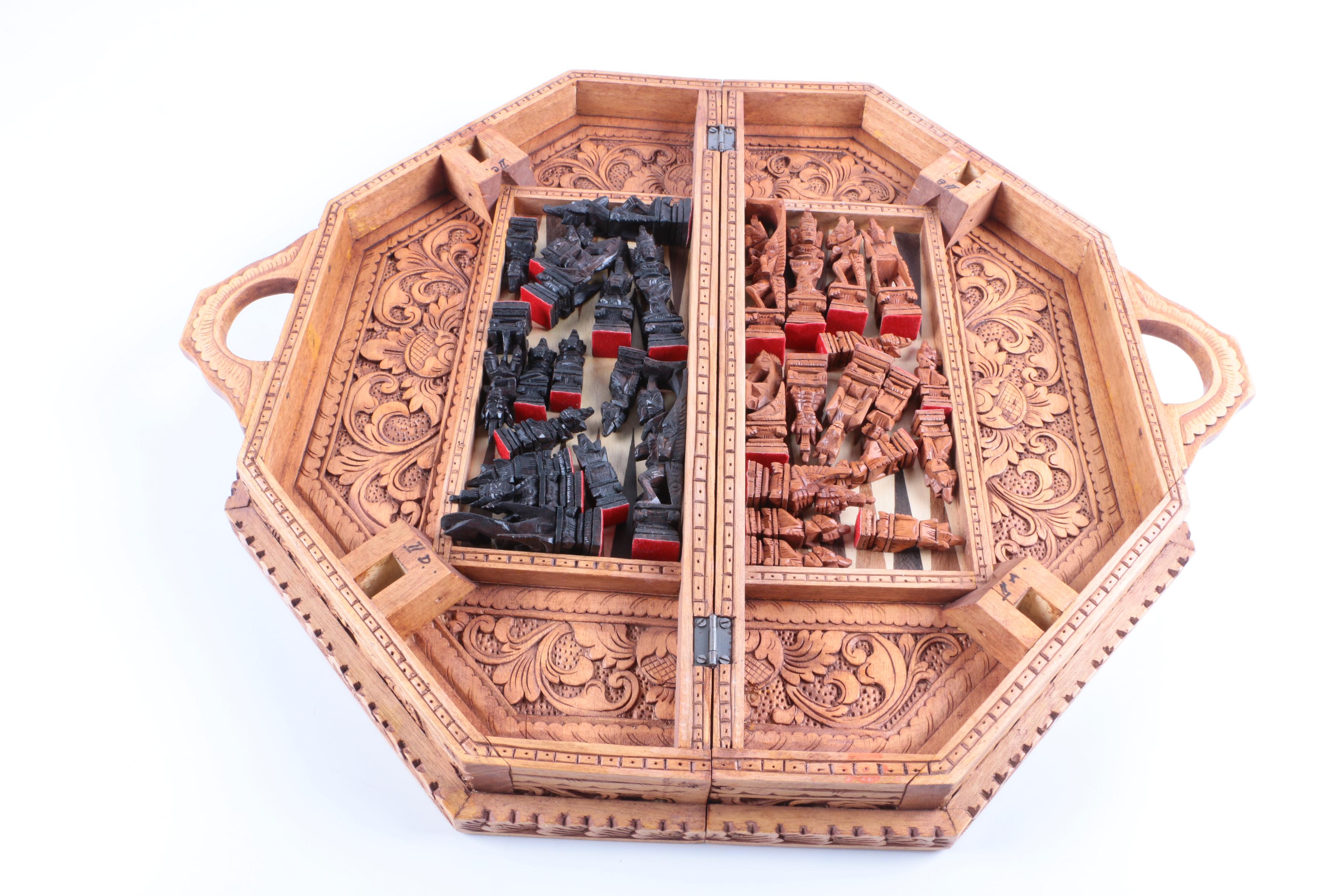 Ornately Carved Wooden Chess and Backgammon Set