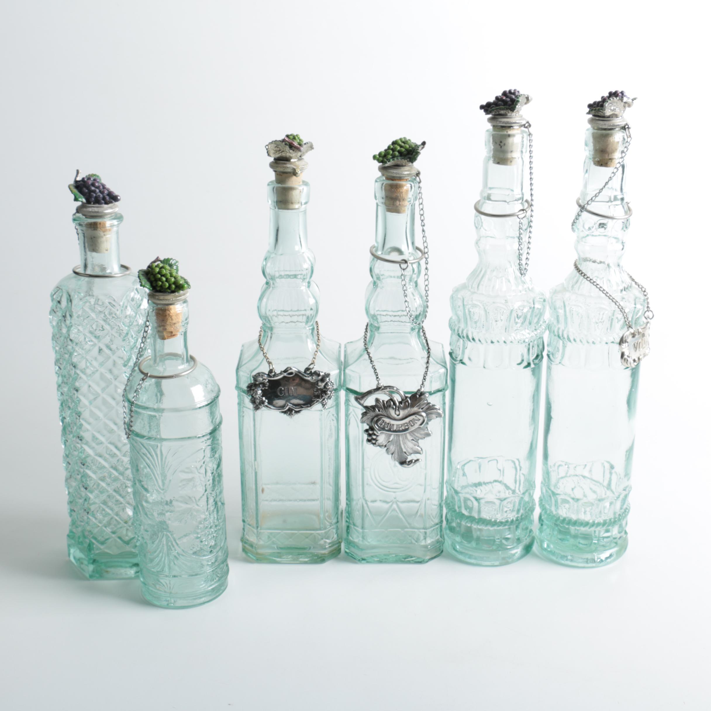 Blue Glass Decanters with Silver Tone Stoppers and Tickets