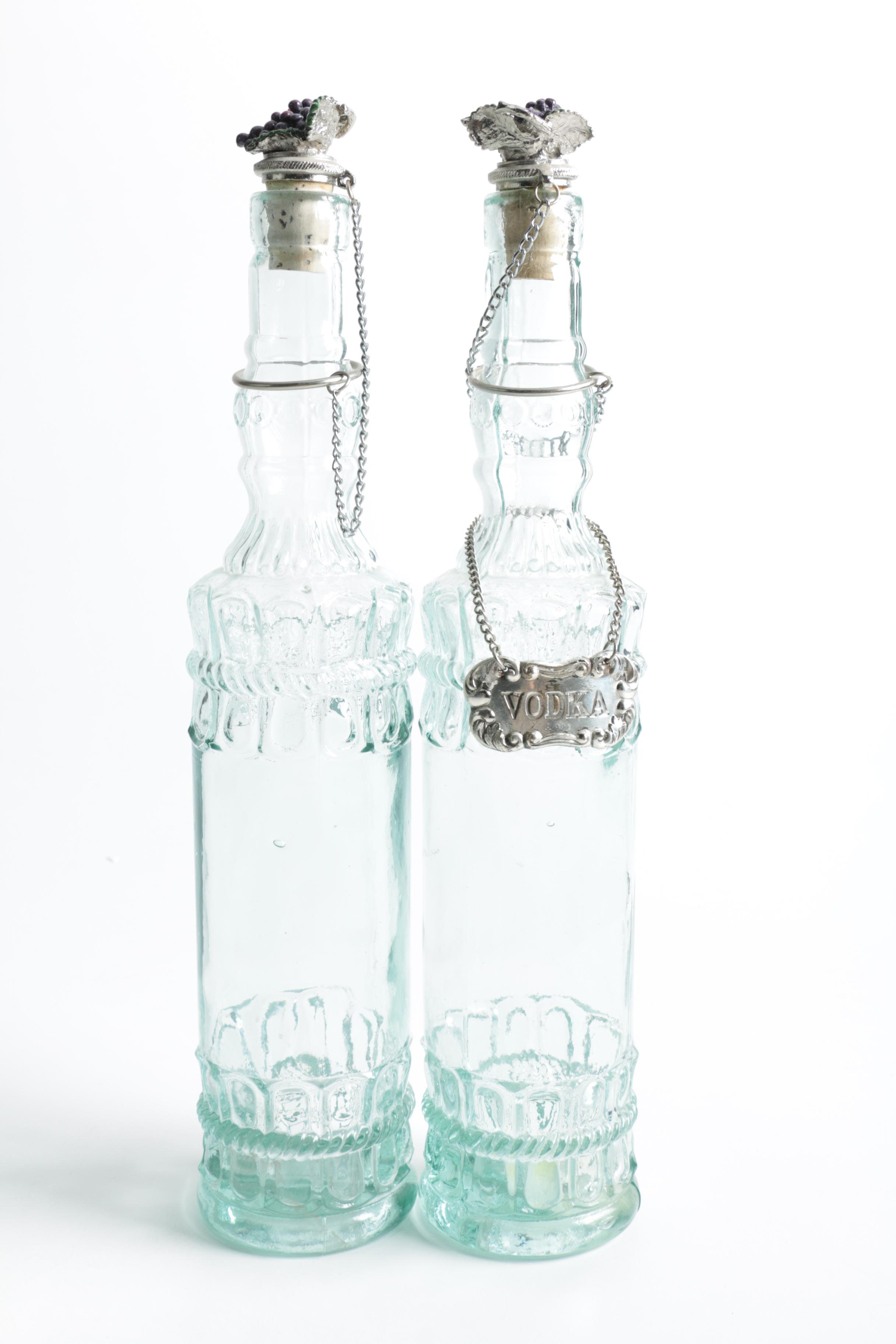 Blue Glass Decanters with Silver Tone Stoppers and Tickets