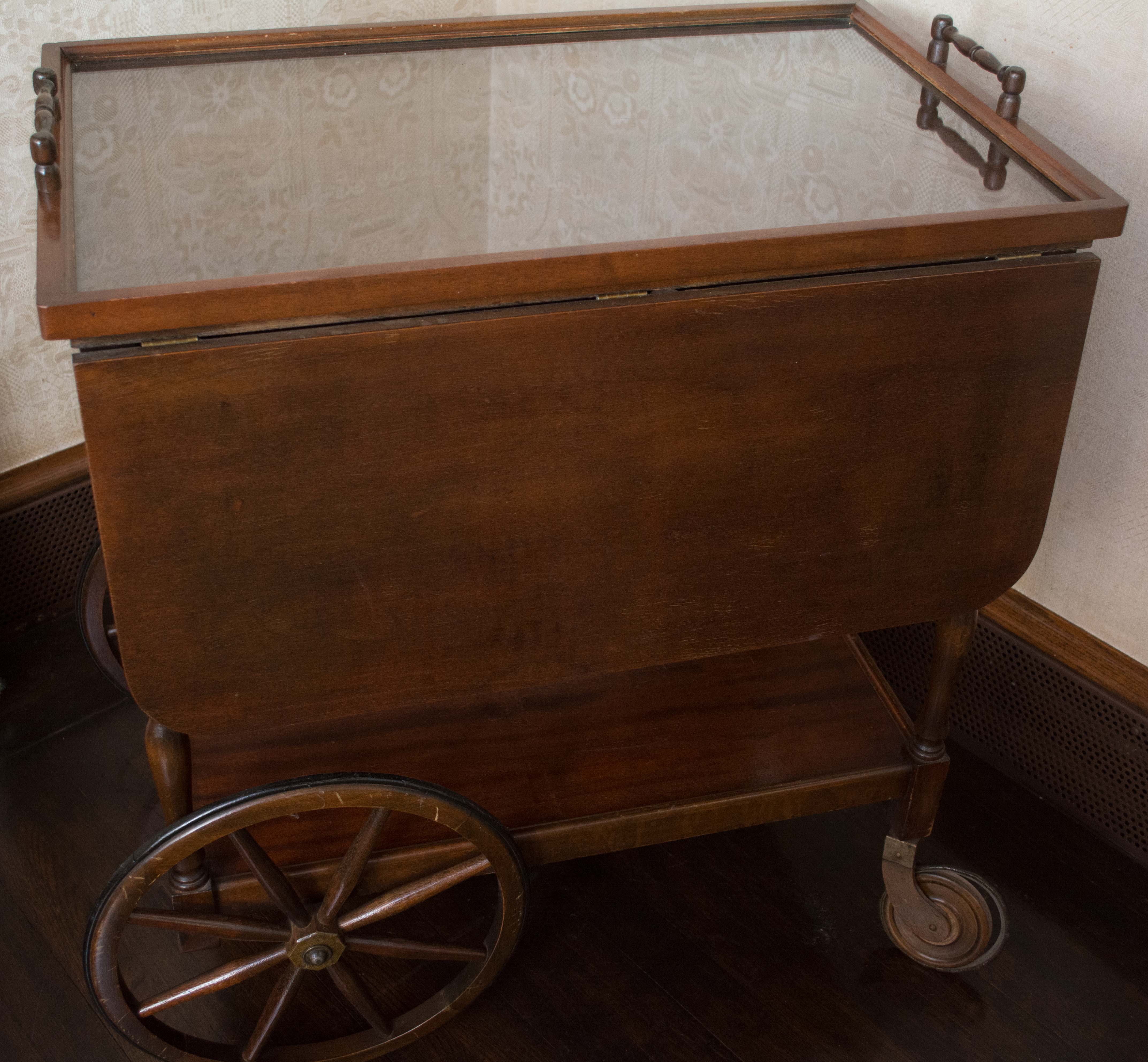 Drop Leaf Tea Cart with Glass Top Serving Tray