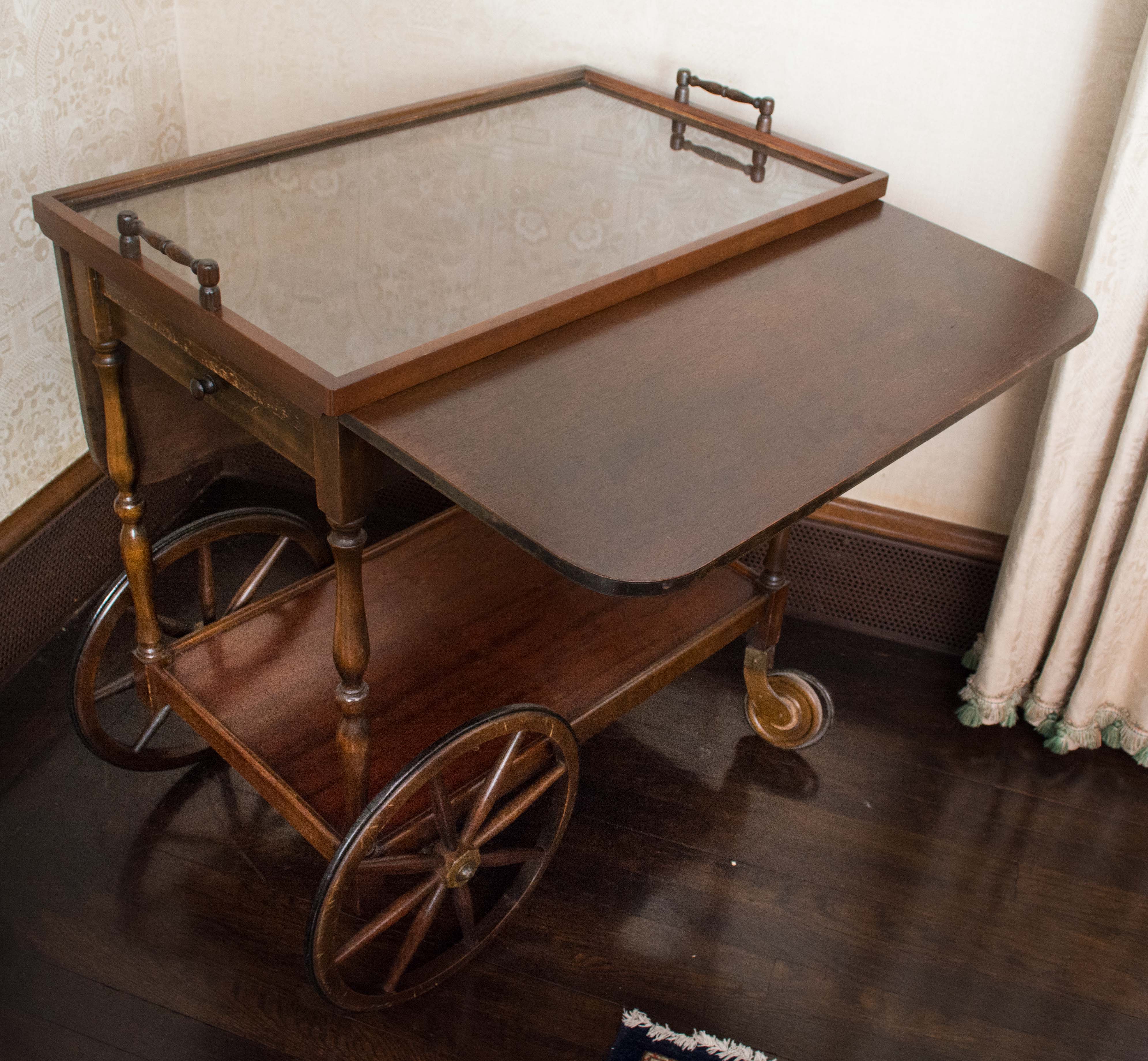Drop Leaf Tea Cart with Glass Top Serving Tray