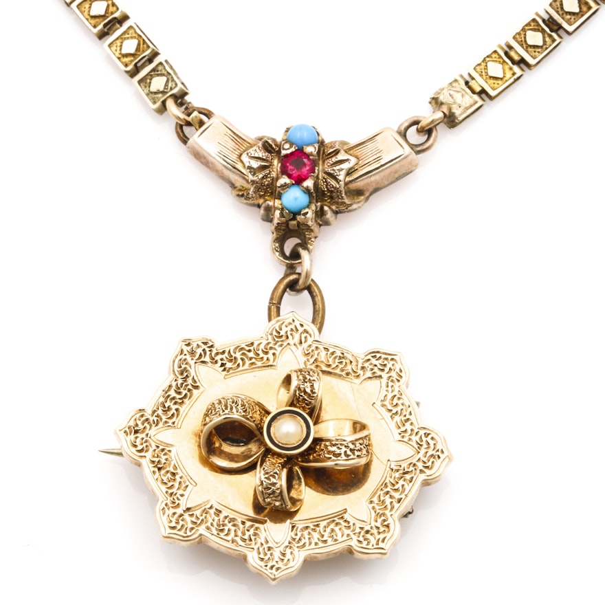 Victorian 9K Yellow Gold Book Chain Necklace with 14K Gold Pendant Brooch