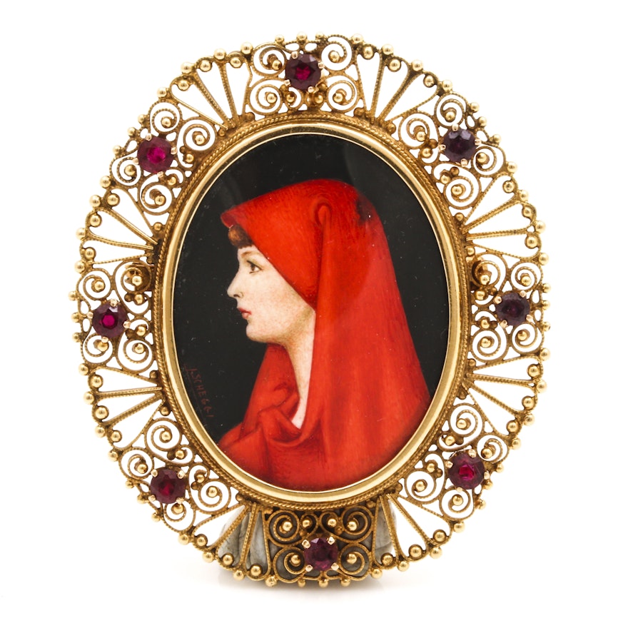 18K Yellow Gold Ruby Portrait Brooch of Saint Fabiola