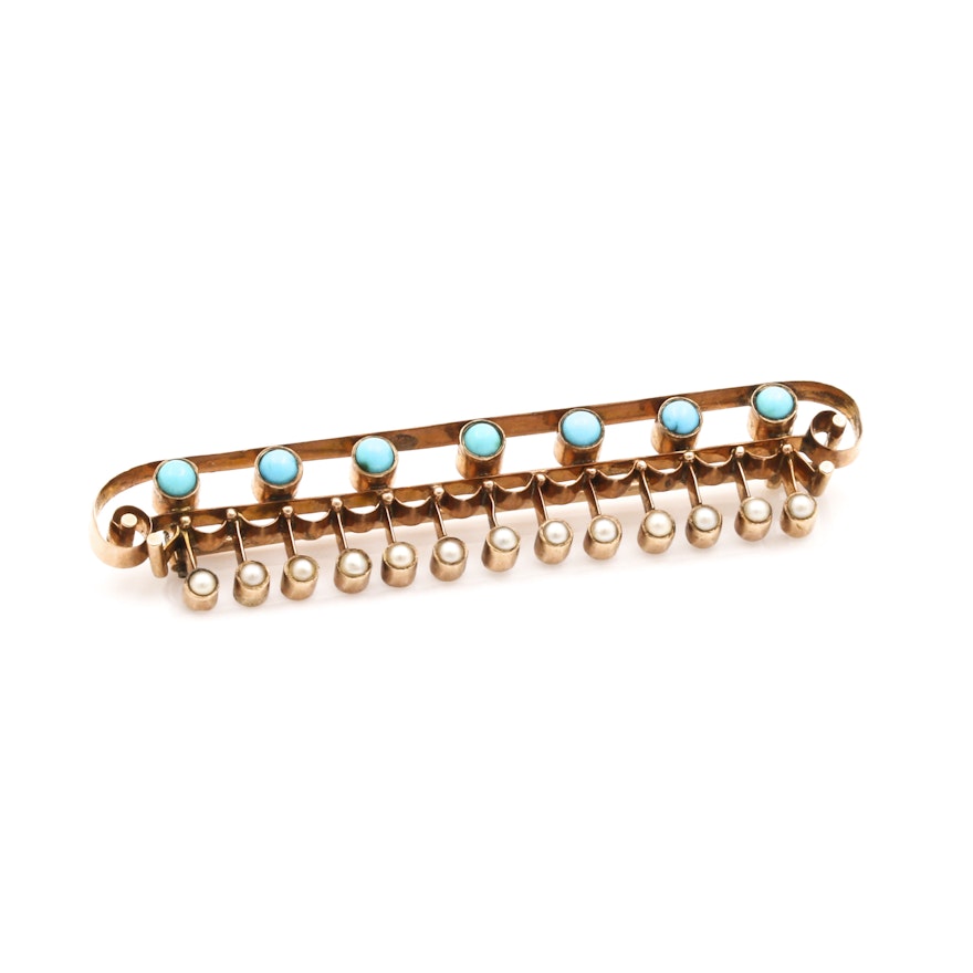 Victorian Style 14K Rose Gold Turquoise and Seed Pearl Brooch