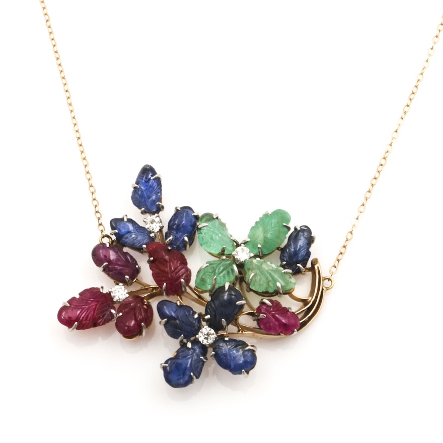 14K and 10K Yellow Gold Diamond and Gemstone Floral Necklace