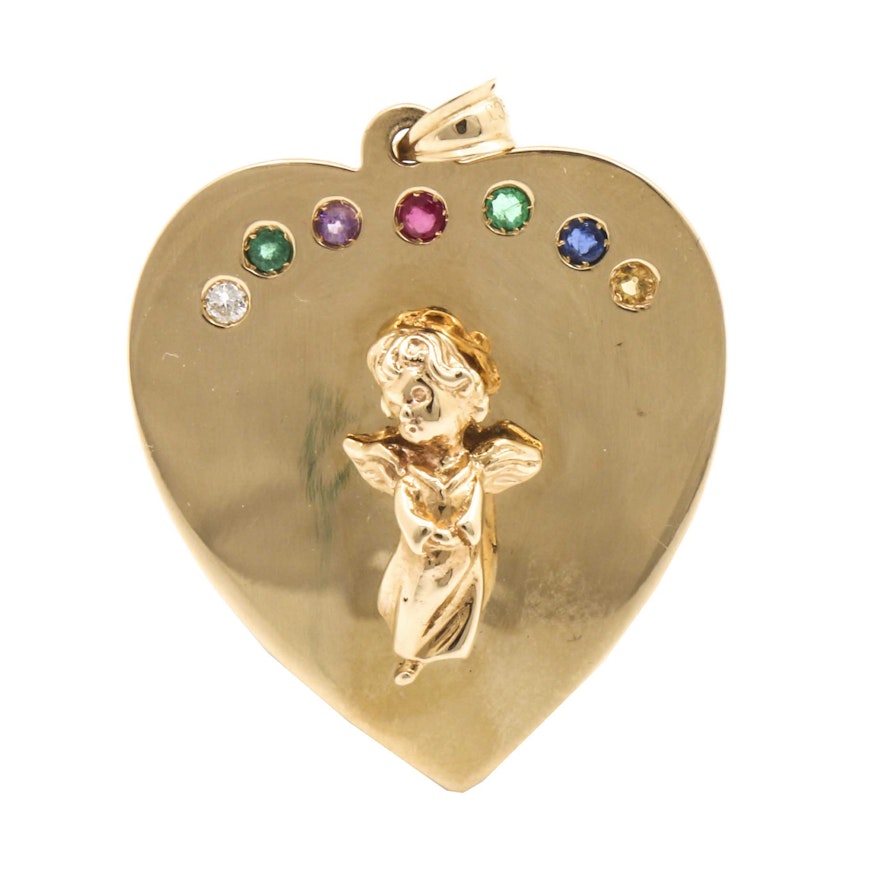 14K Yellow Gold Diamond and Gemstone Cherub Pendant