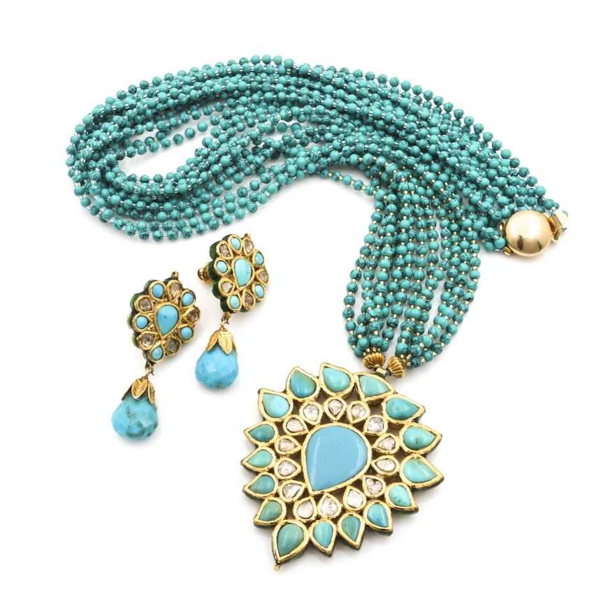 18K Yellow Gold Earrings with Diamond and Turquoise Statement Necklace