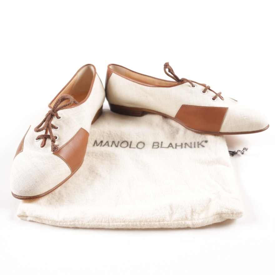 Manolo Blahnik Canvas and Leather Spectator Shoes