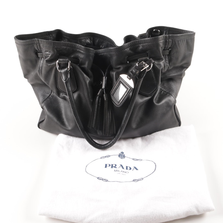 Prada Leather Drawstring Tassel Tote Bag