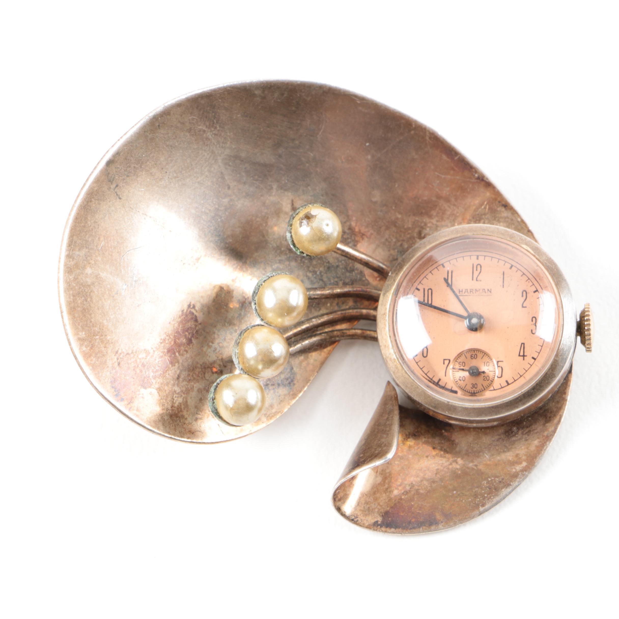 Vintage Sterling Silver Wind-Up Watch Brooch